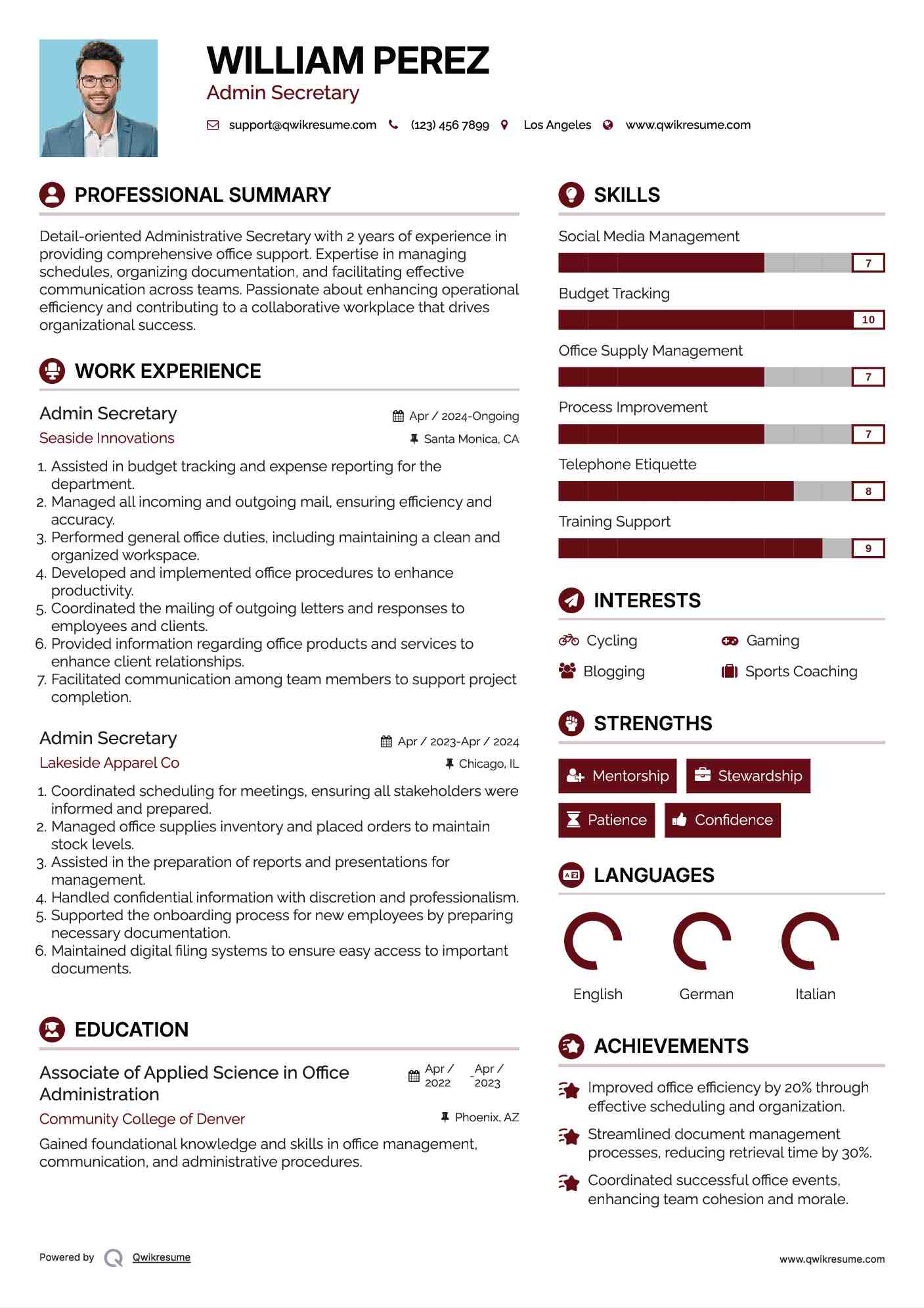 Admin Secretary Resume Model