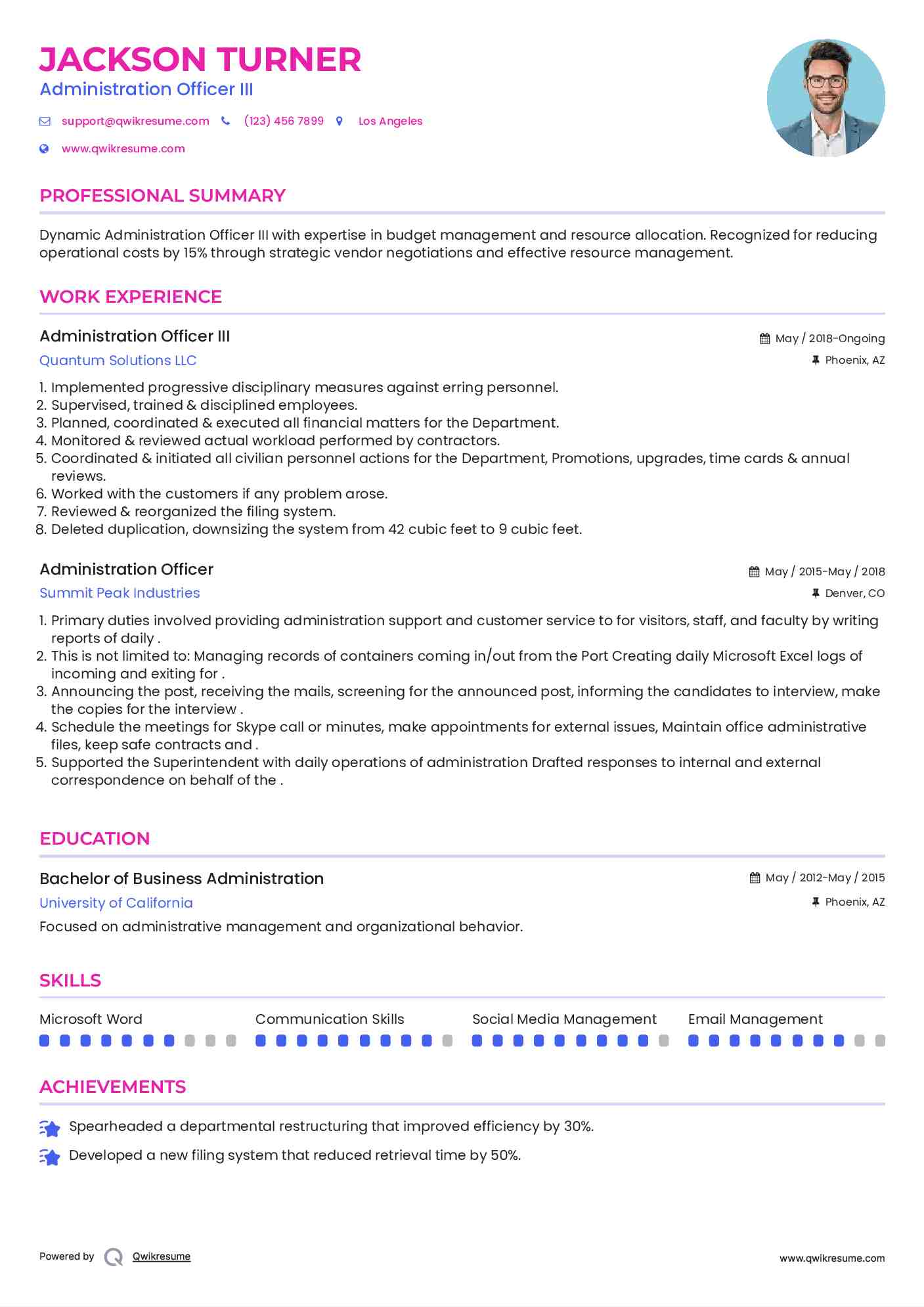 Administration Officer III Resume Sample