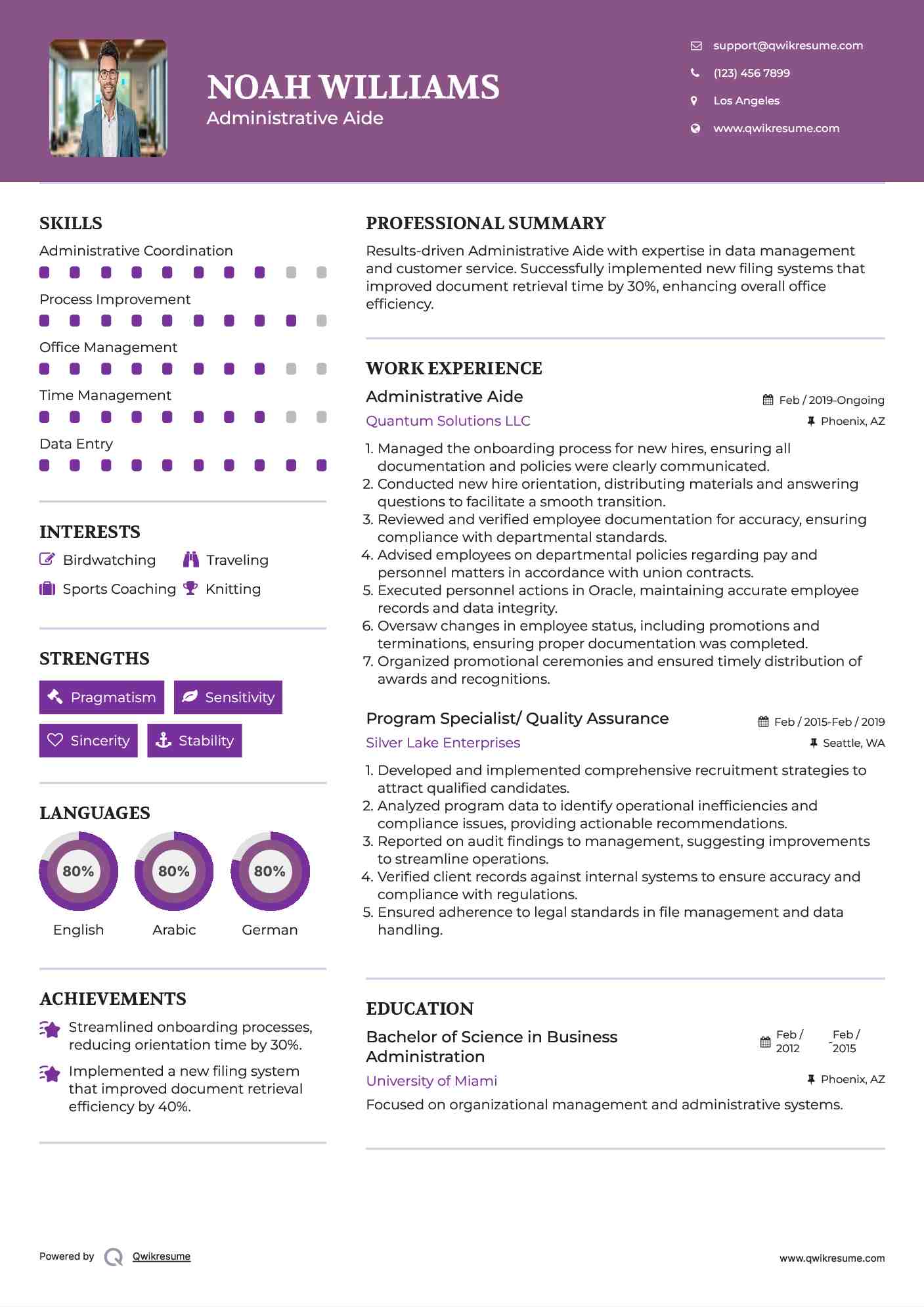 Administrative Aide  Resume Sample