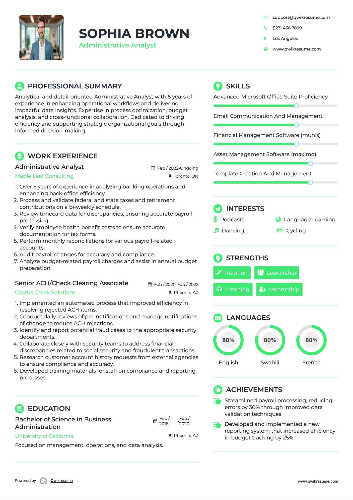 Administrative Analyst Resume Example