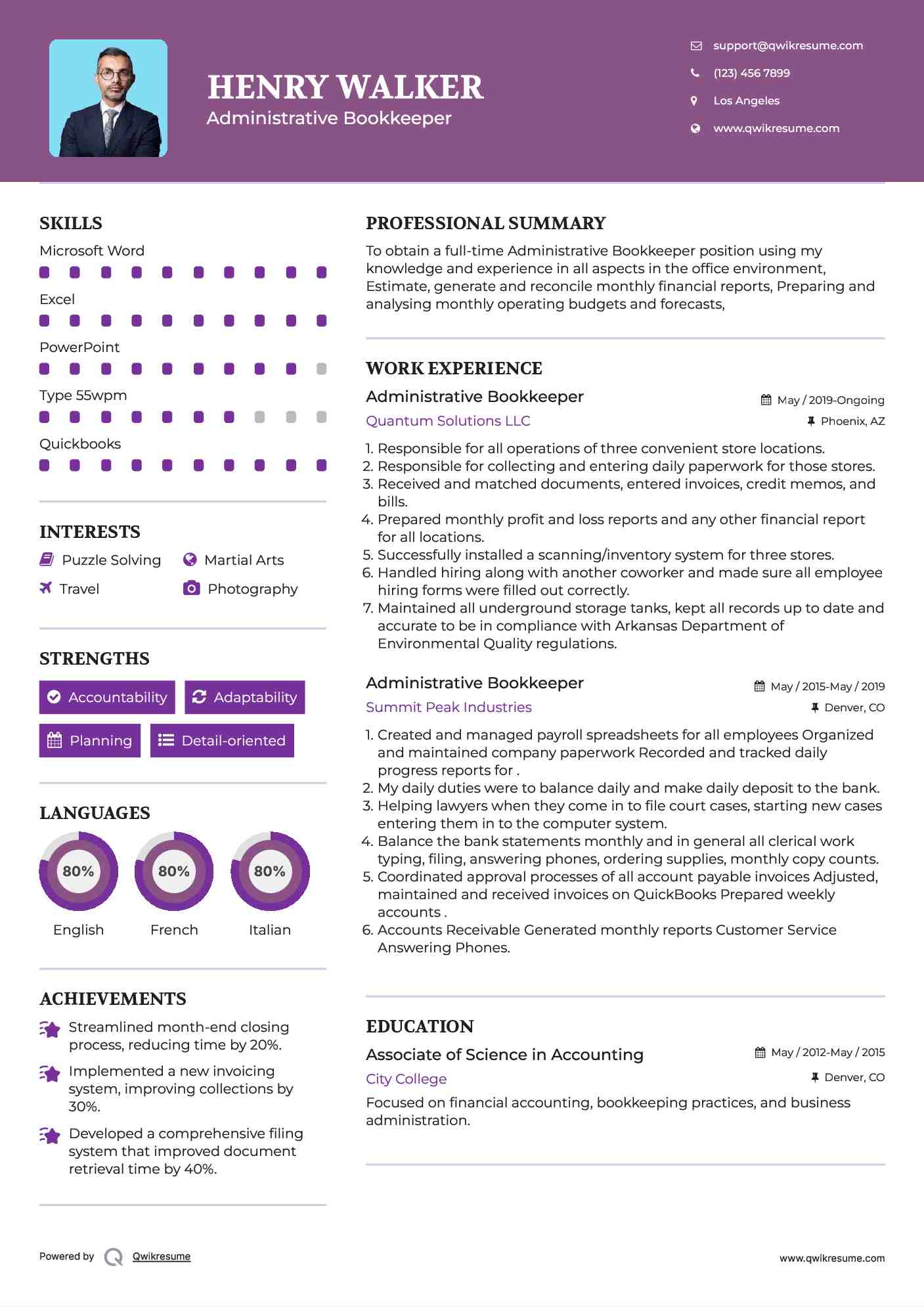 Administrative Bookkeeper Resume Template