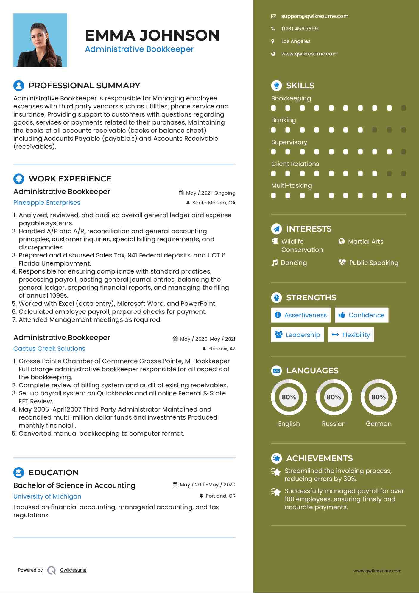 Administrative Bookkeeper Resume Format