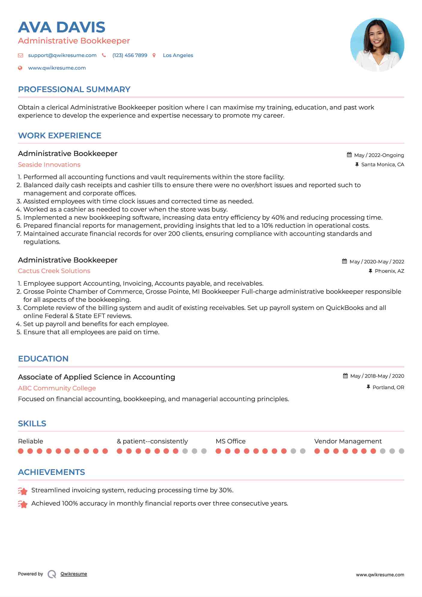 Administrative Bookkeeper Resume Model