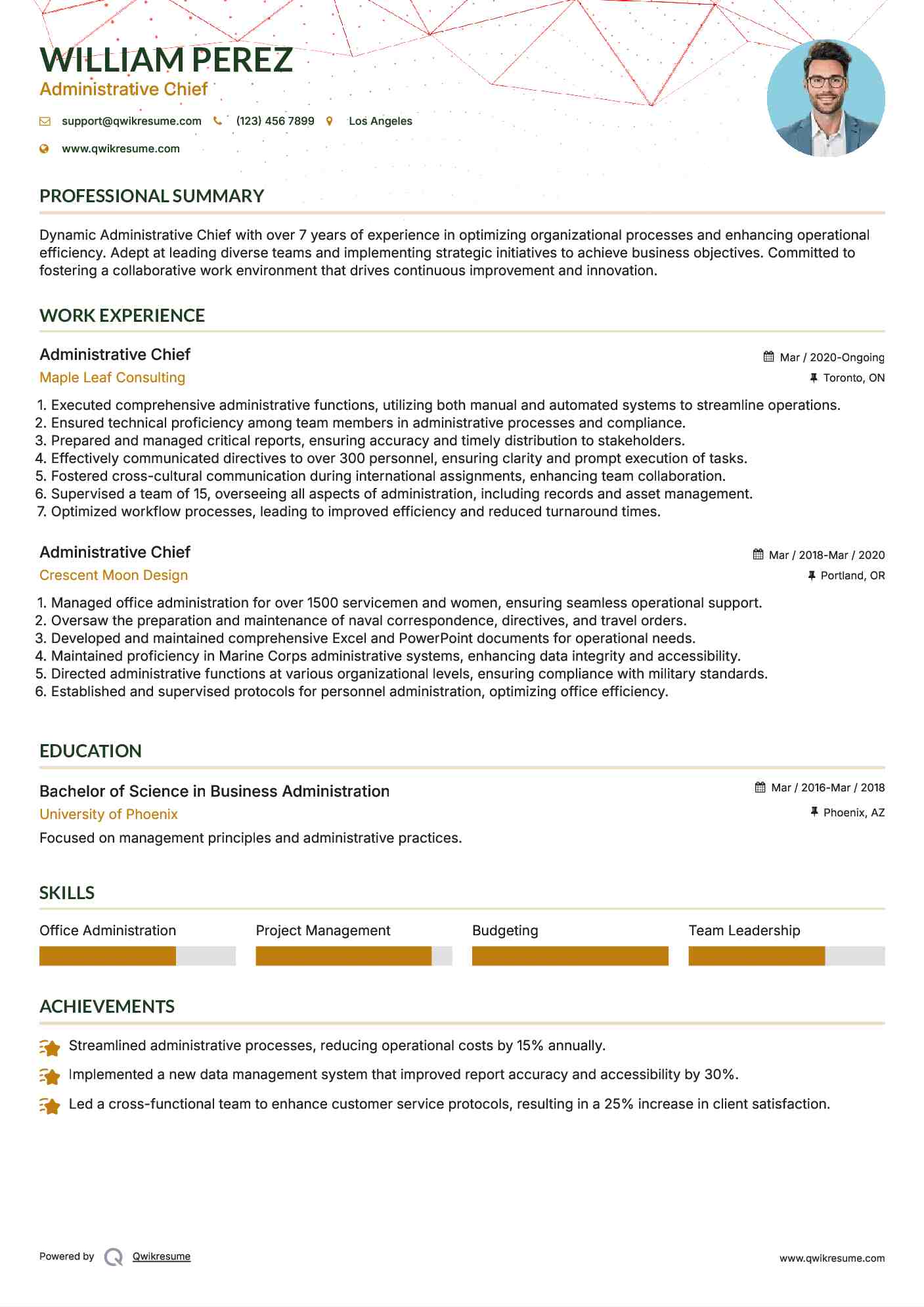 Administrative Chief Resume Example