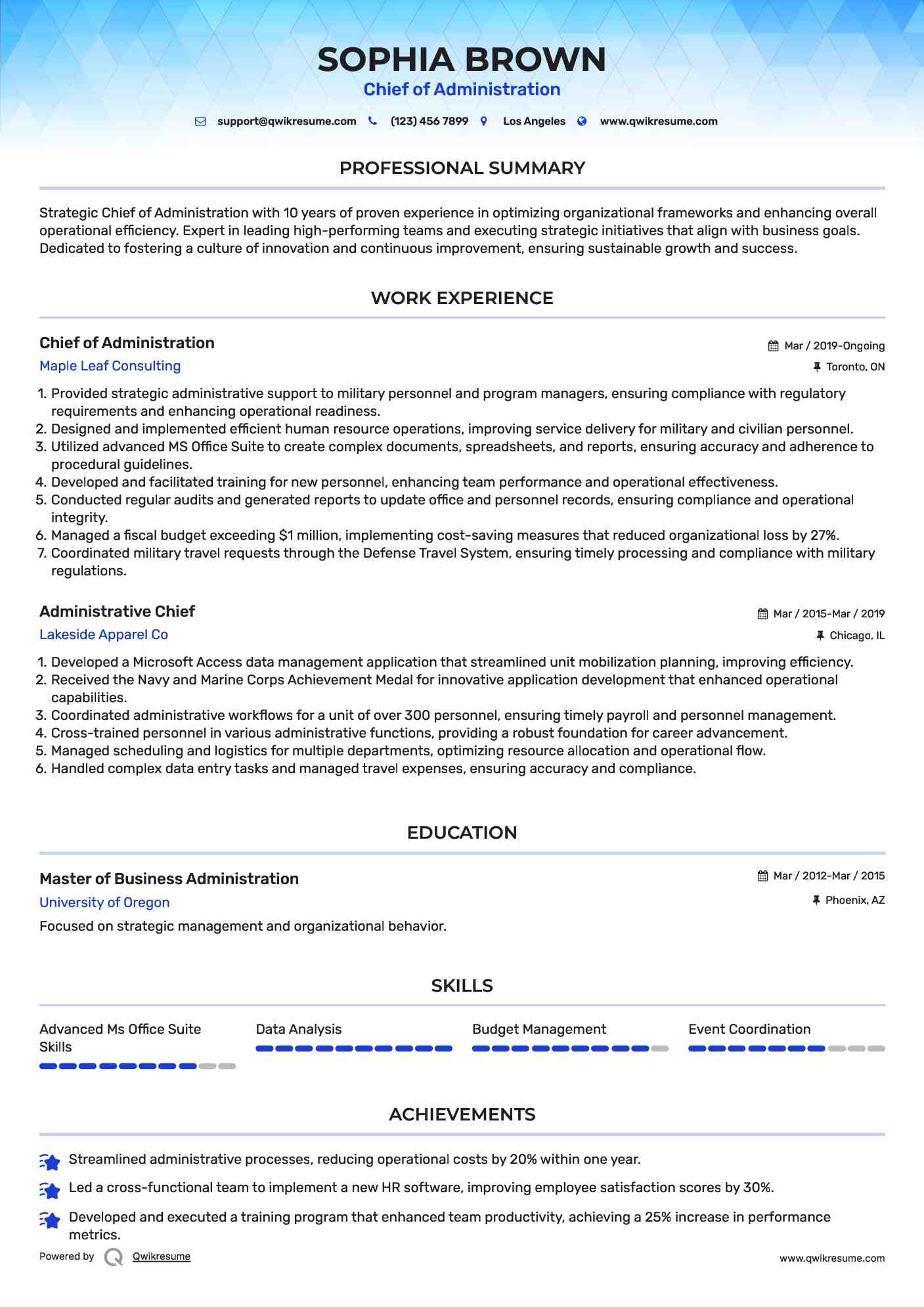 Chief of Administration Resume Example