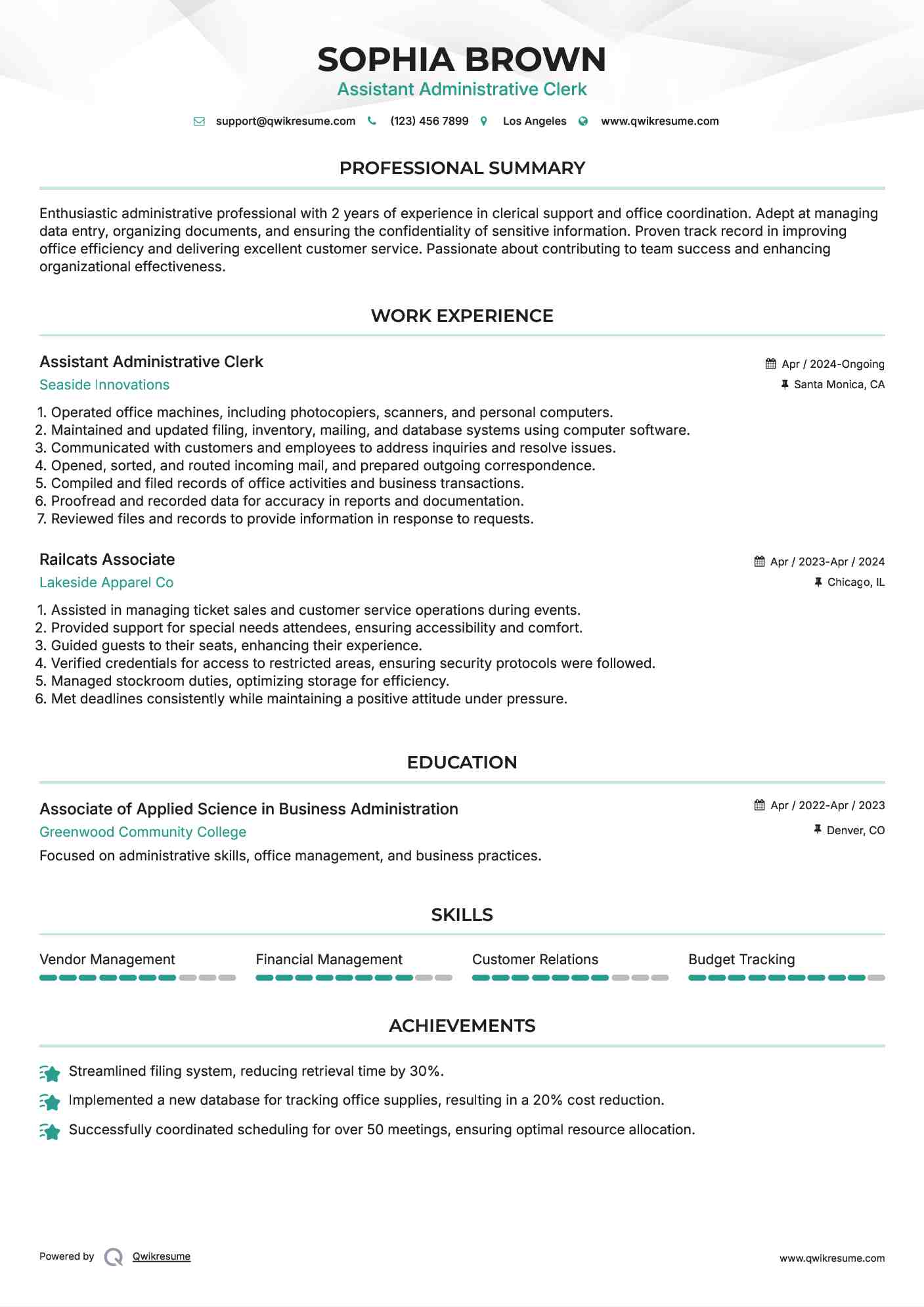 Assistant Administrative Clerk Resume Format