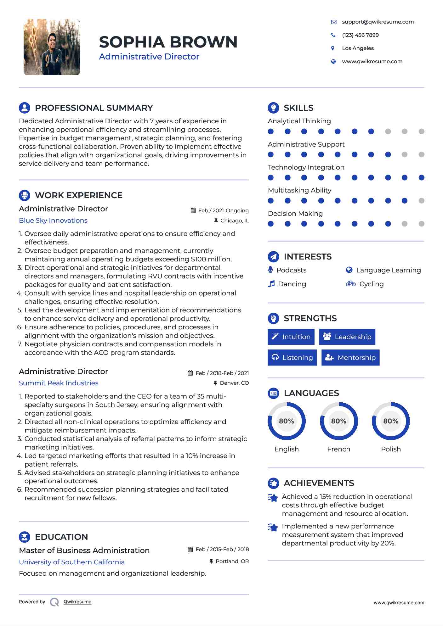 Administrative Director Resume Sample