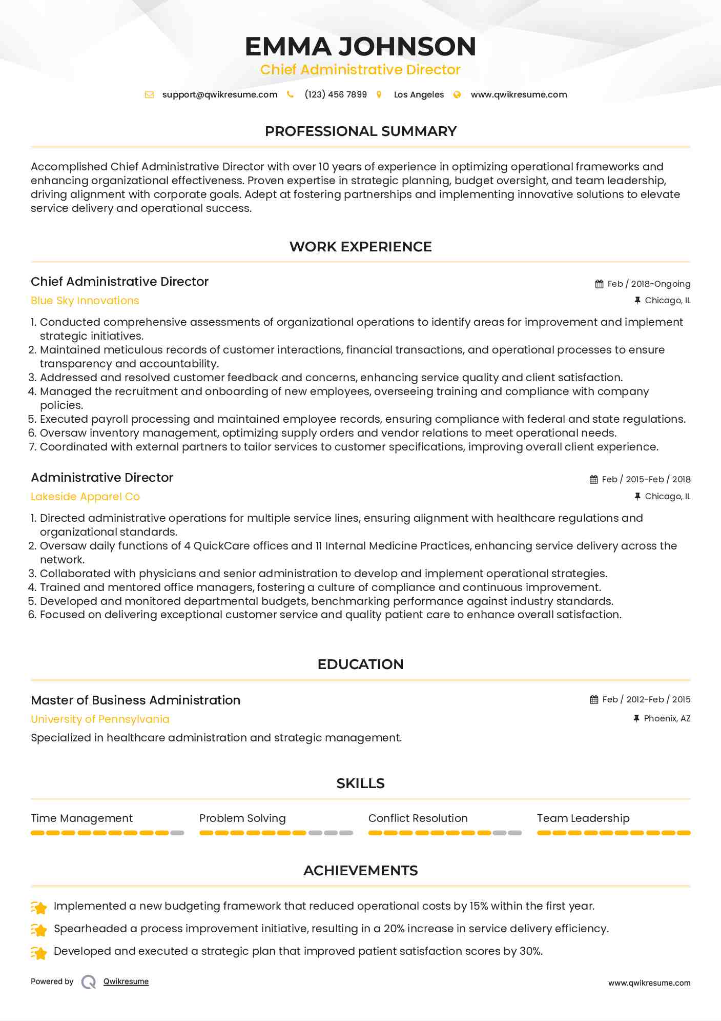 Chief Administrative Director Resume Example