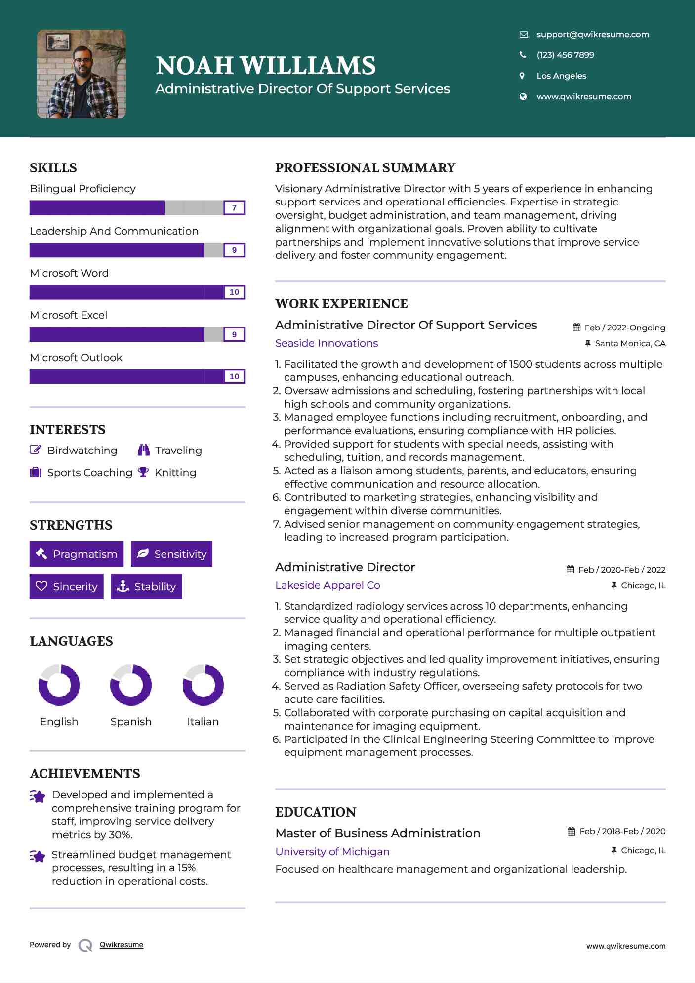 Administrative Director Of Support Services
 Resume Example