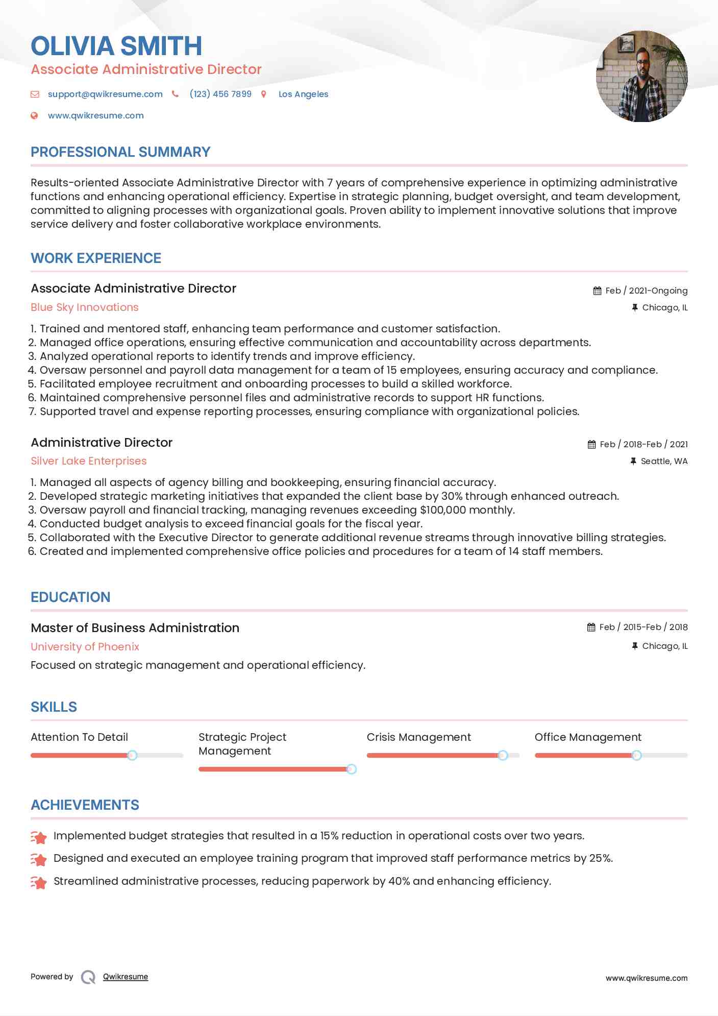 Associate Administrative Director
 Resume Sample