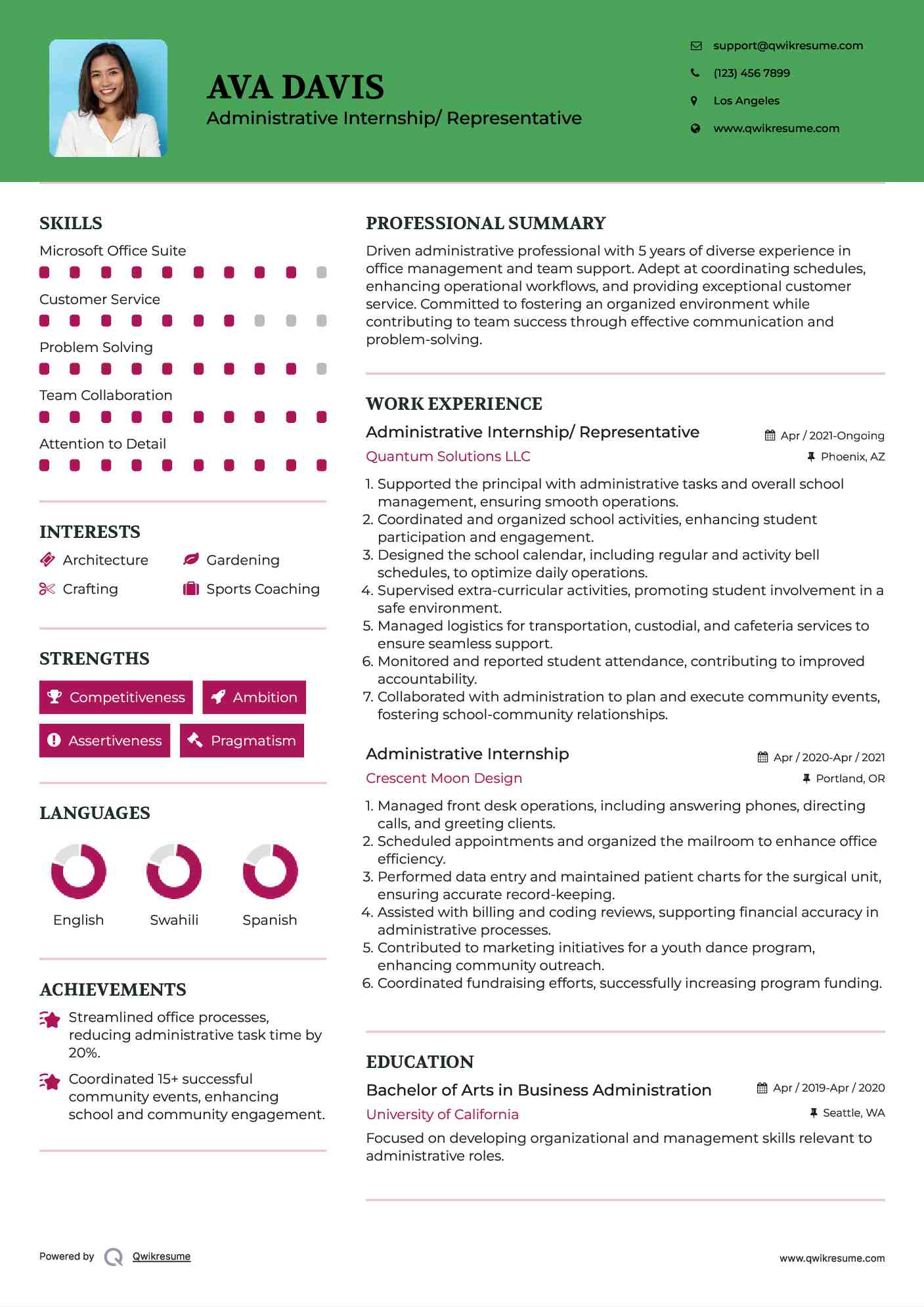 Administrative Internship/ Representative Resume Format