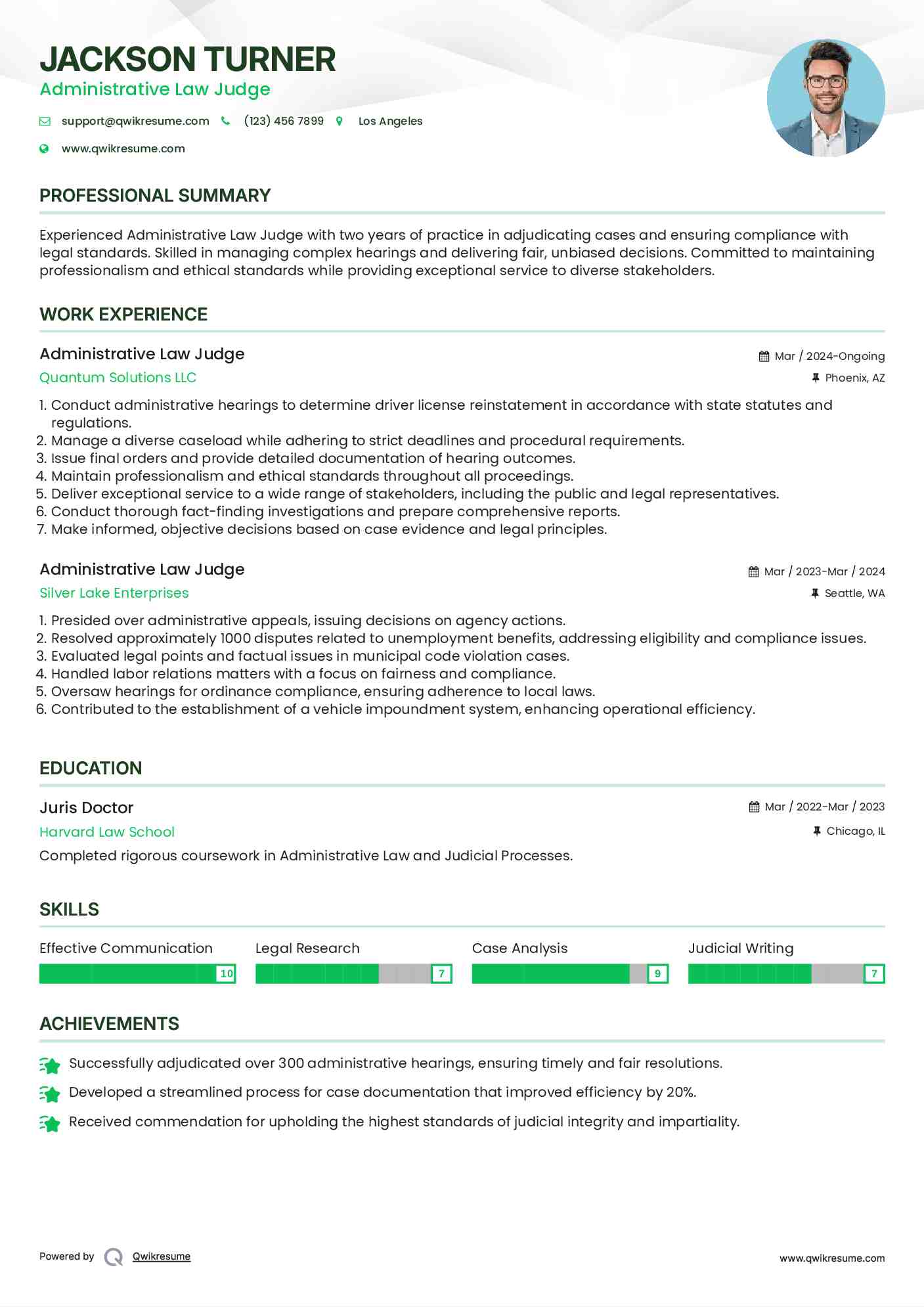 Administrative Law Judge Resume Sample