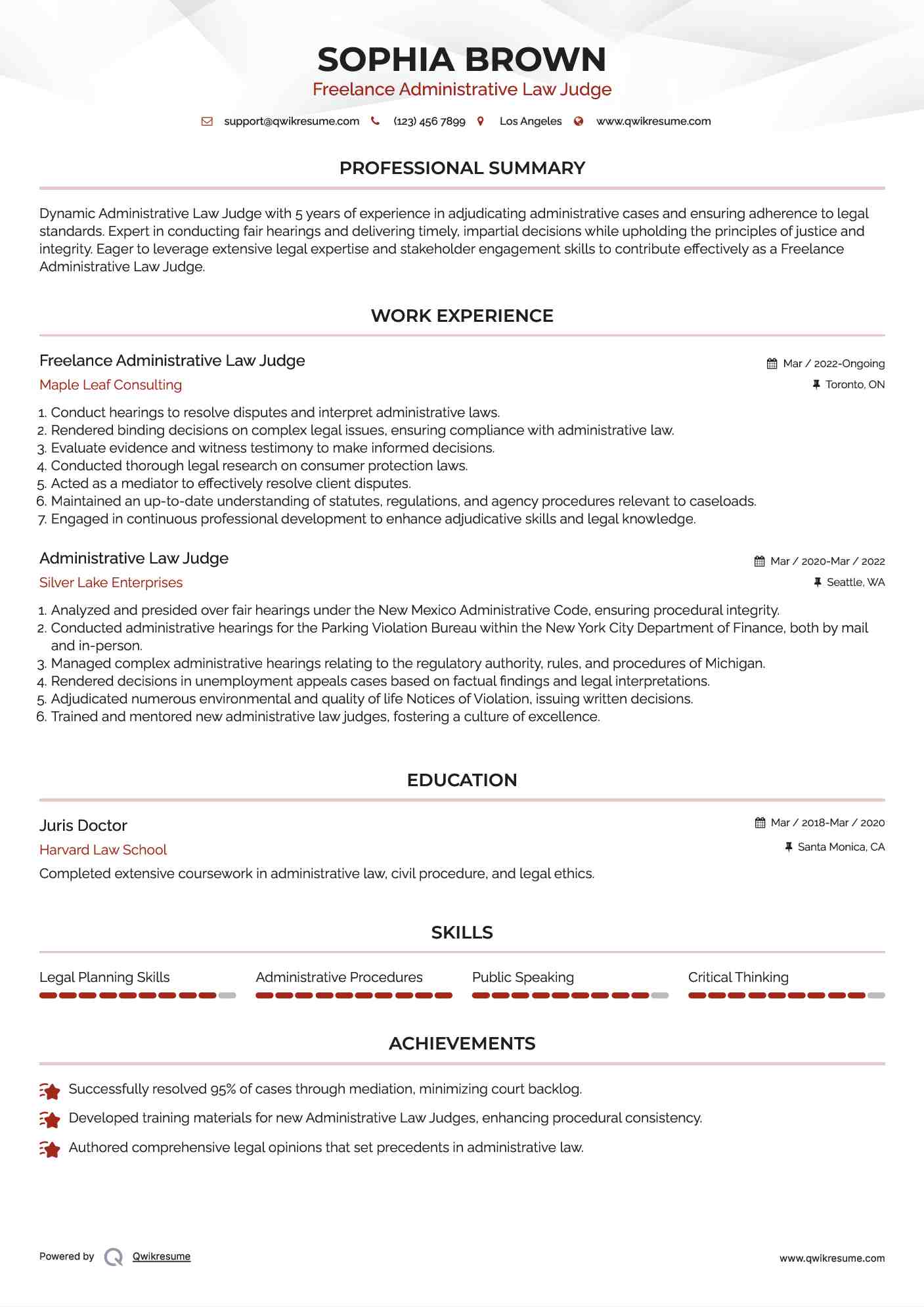 Freelance Administrative Law Judge Resume Model