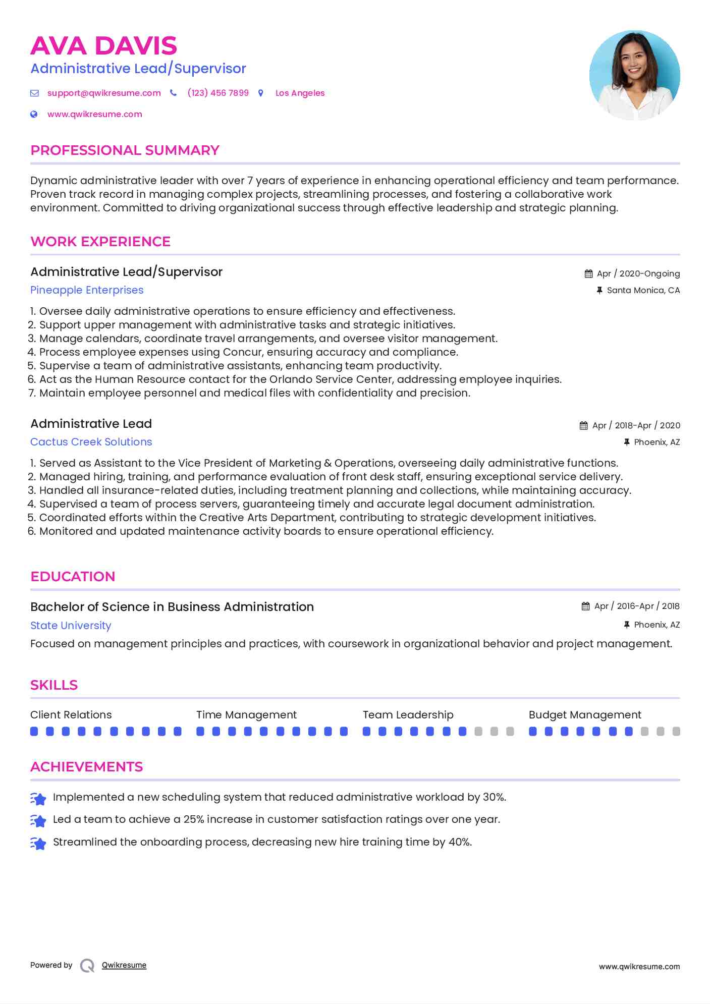 Administrative Lead/Supervisor Resume Example