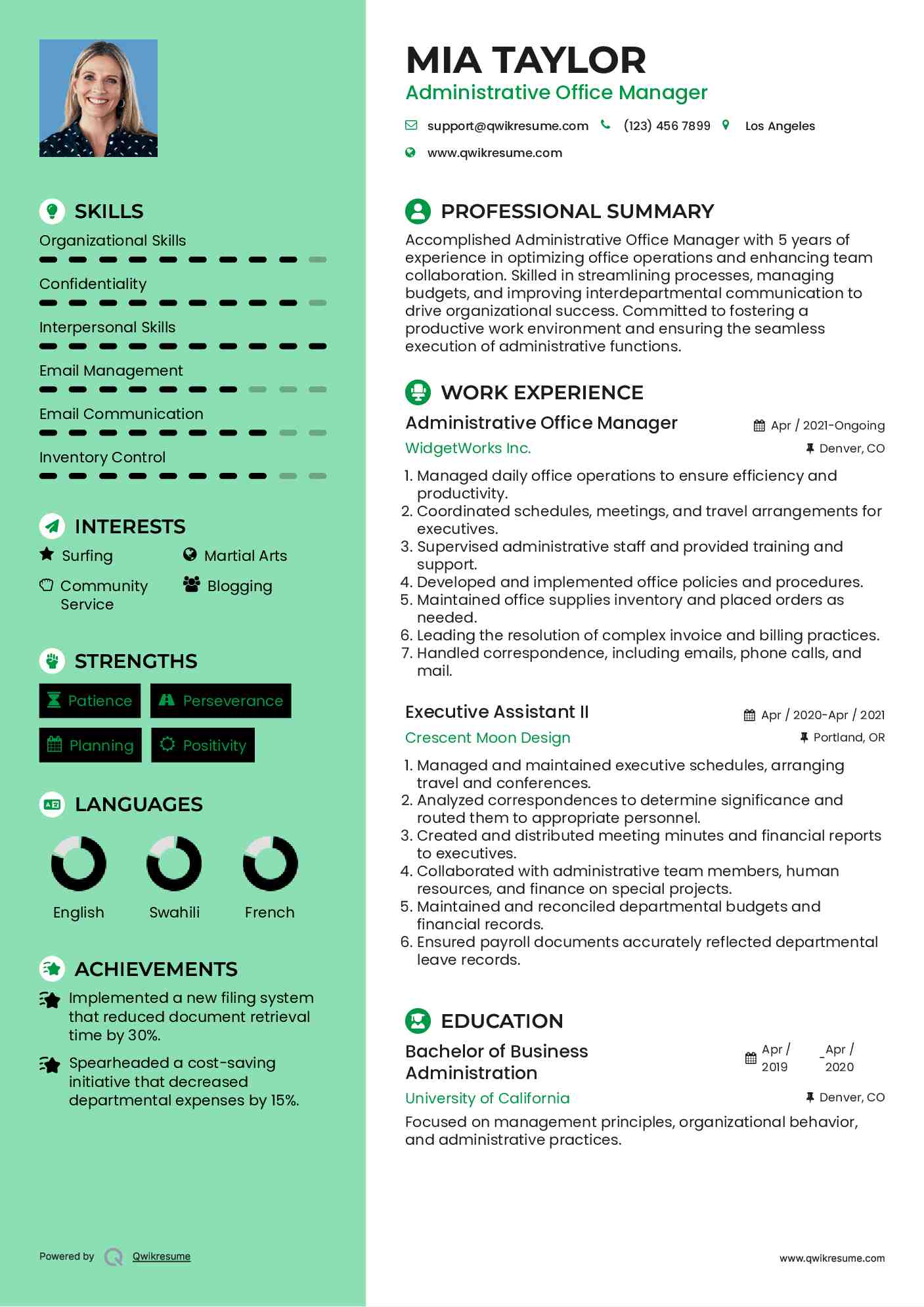 Administrative Office Manager Resume Sample