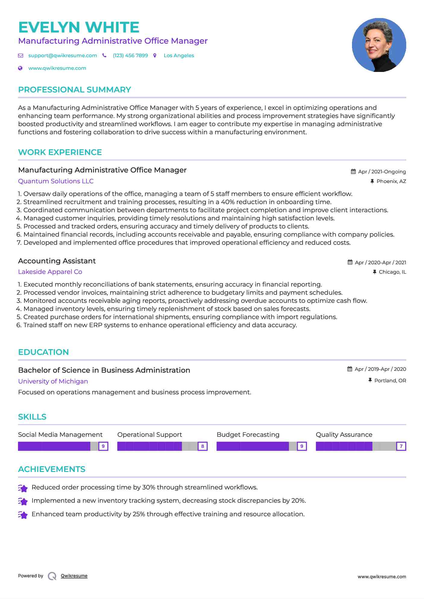 Manufacturing Administrative Office Manager Resume Format