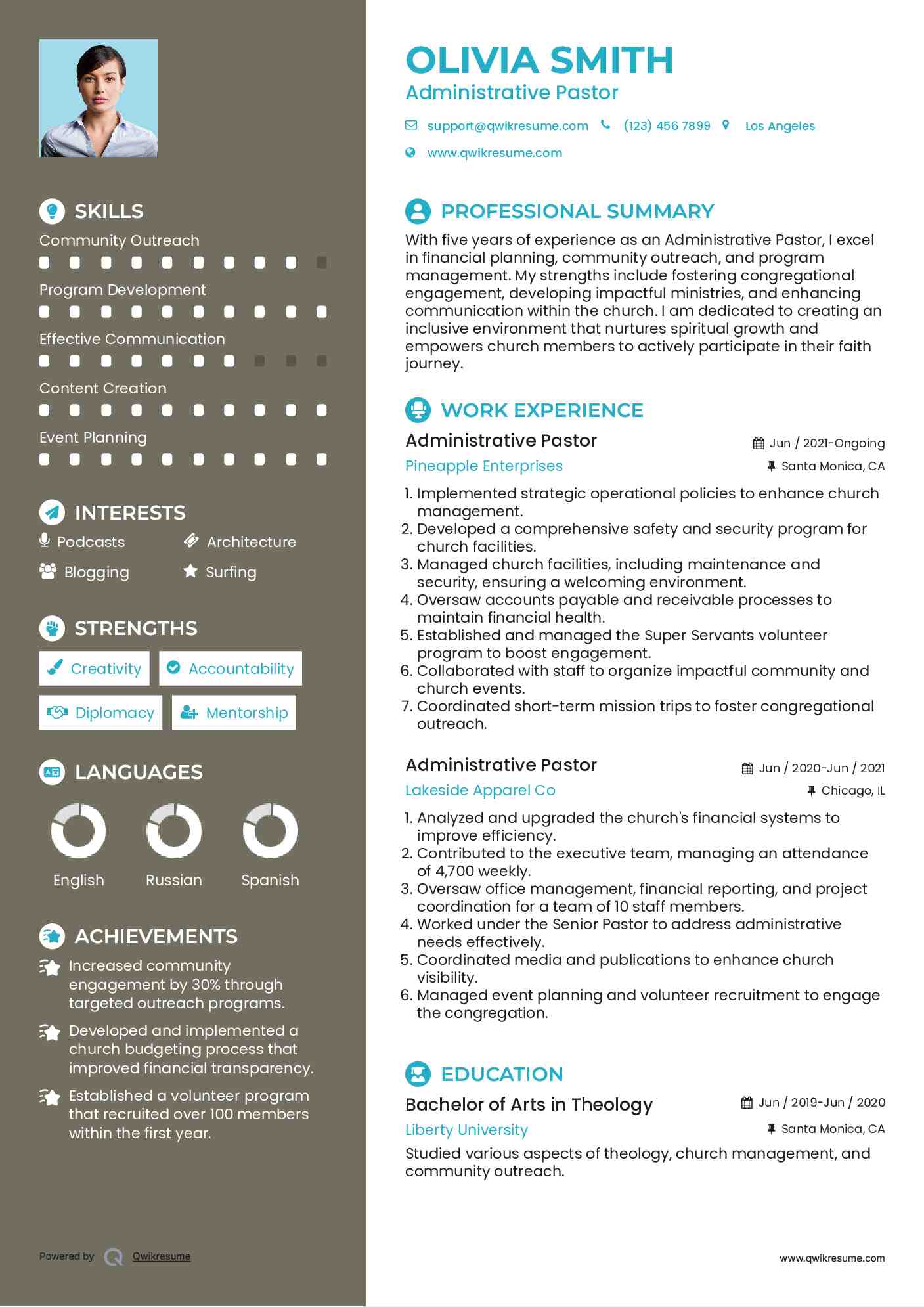 Administrative Pastor Resume Format