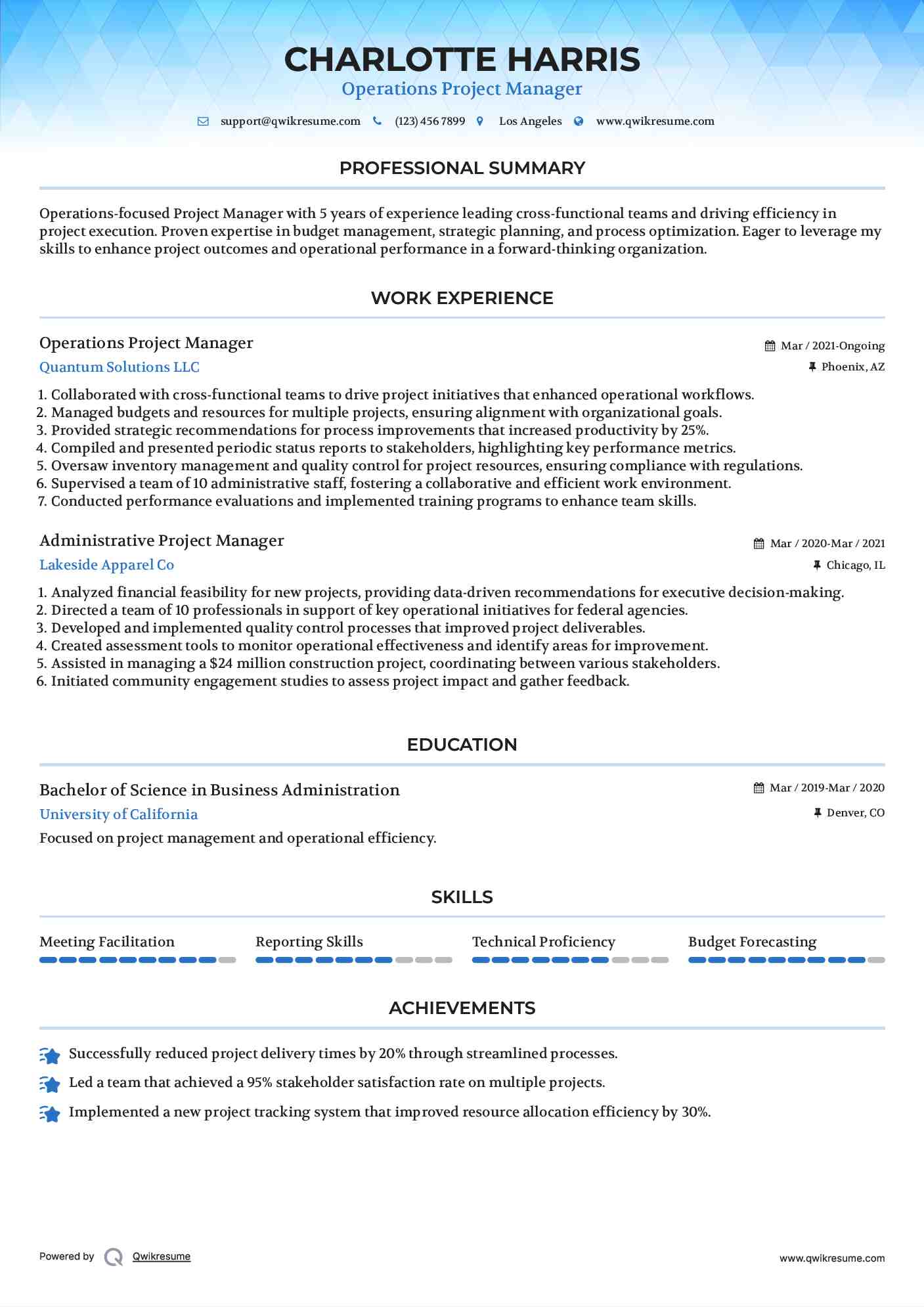 Operations Project Manager Resume Example