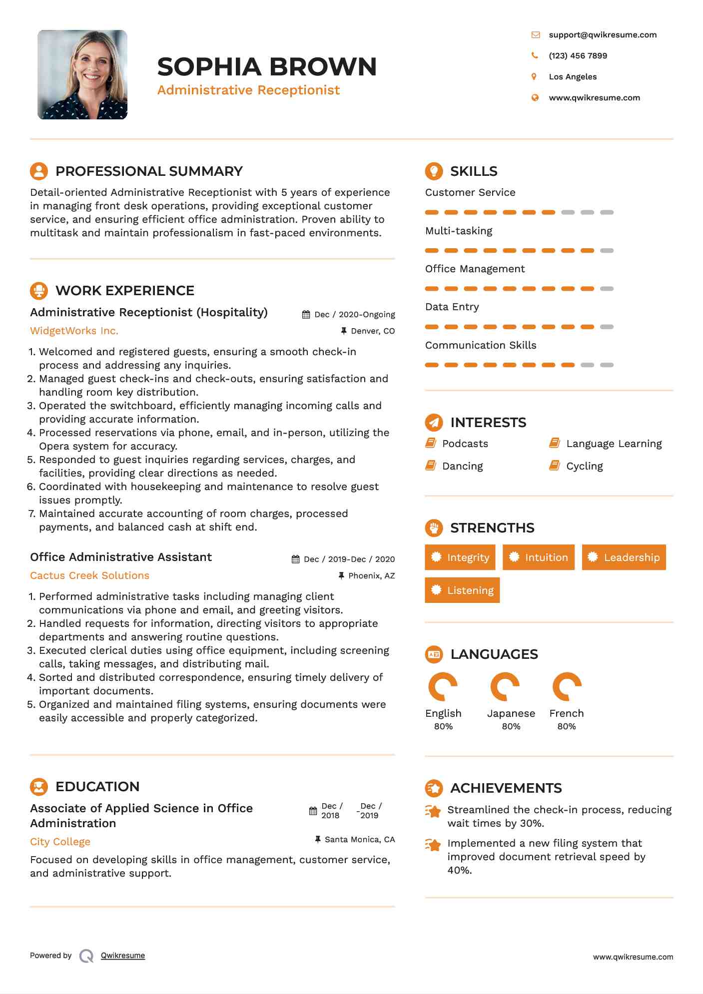 Administrative Receptionist (Hospitality) Resume Sample