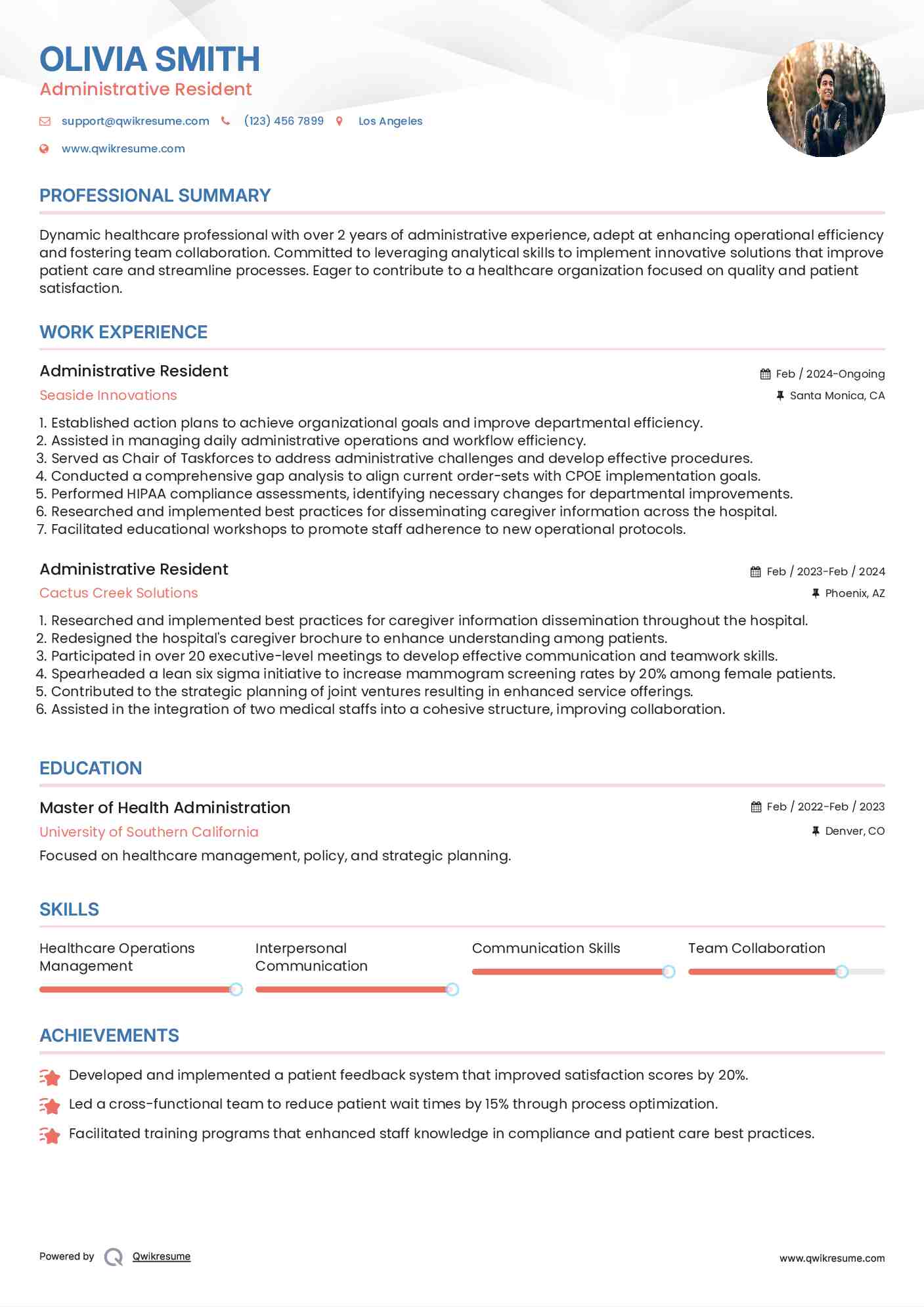 Administrative Resident Resume Model