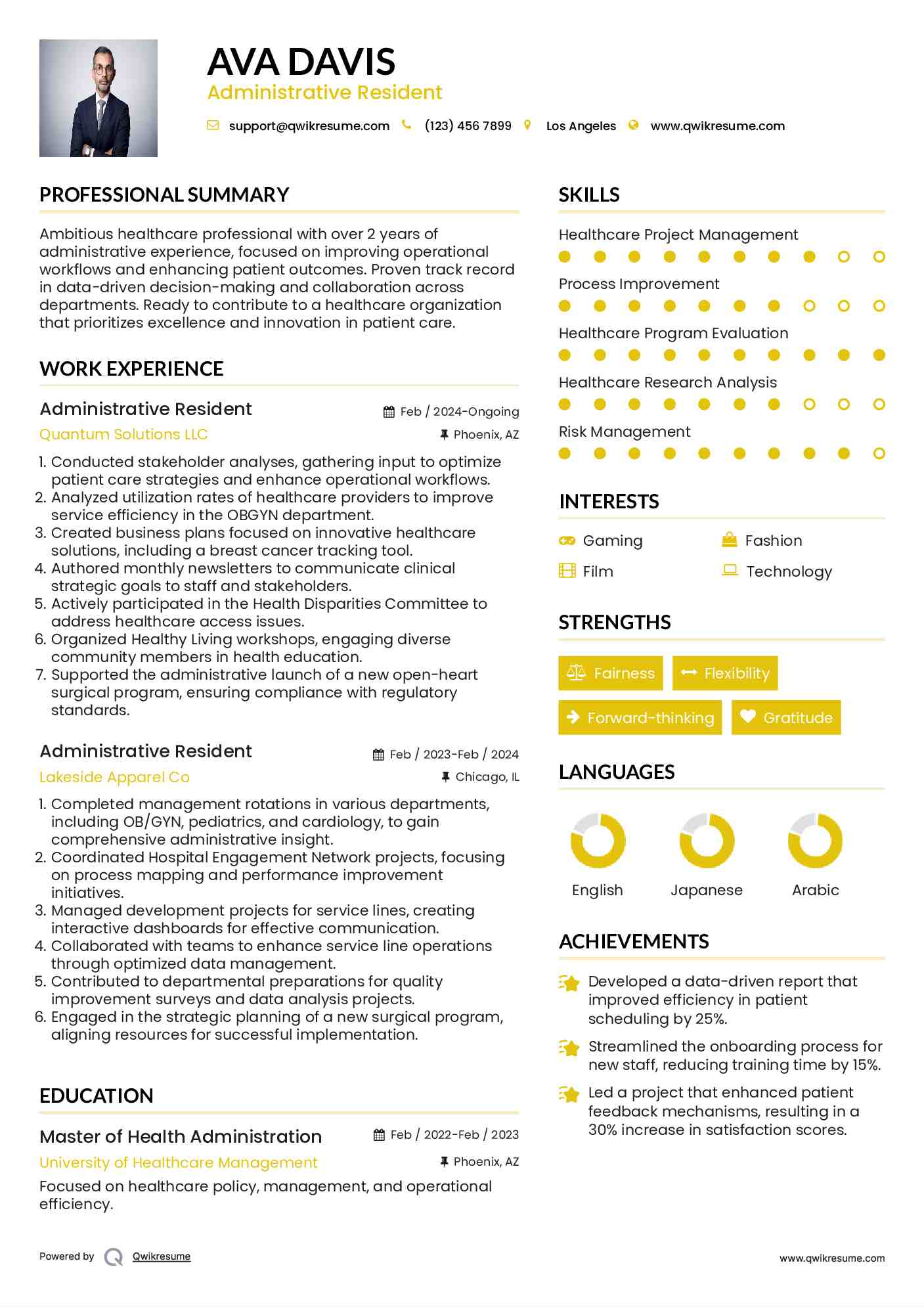 Administrative Resident Resume Model