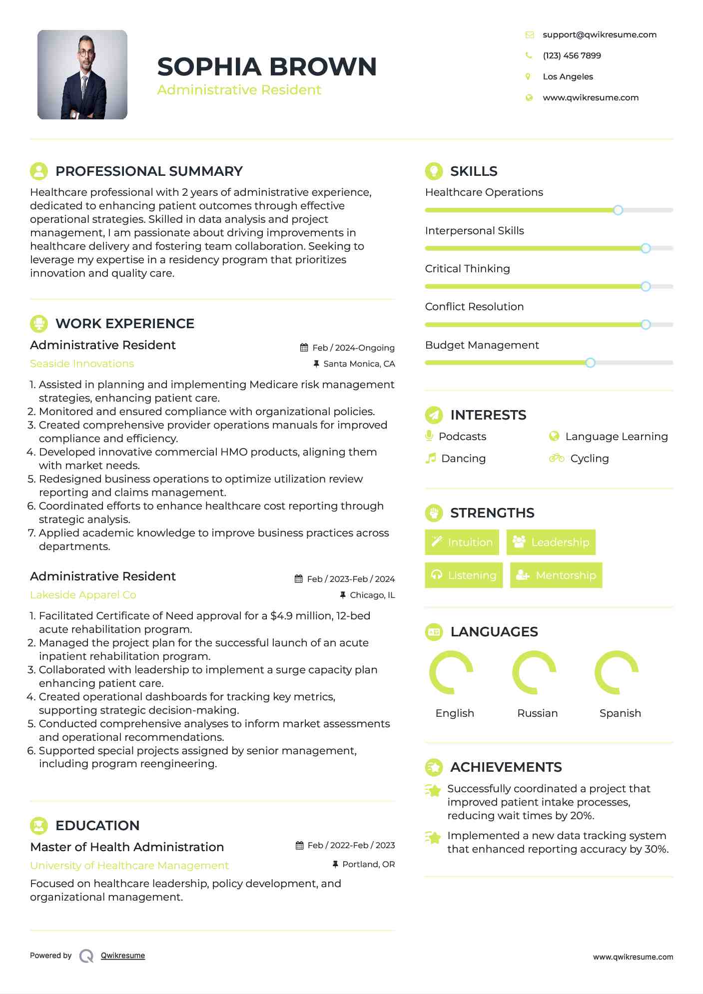Administrative Resident Resume Format