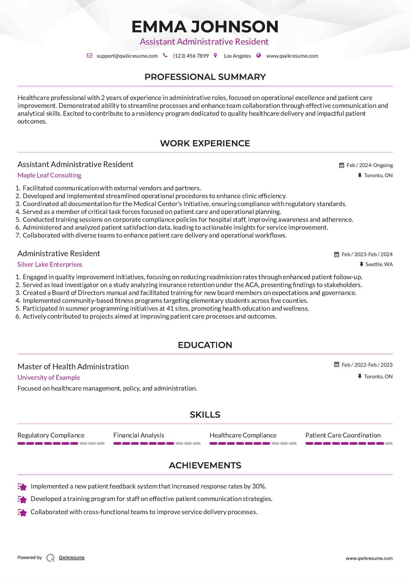 Assistant Administrative Resident  Resume Sample
