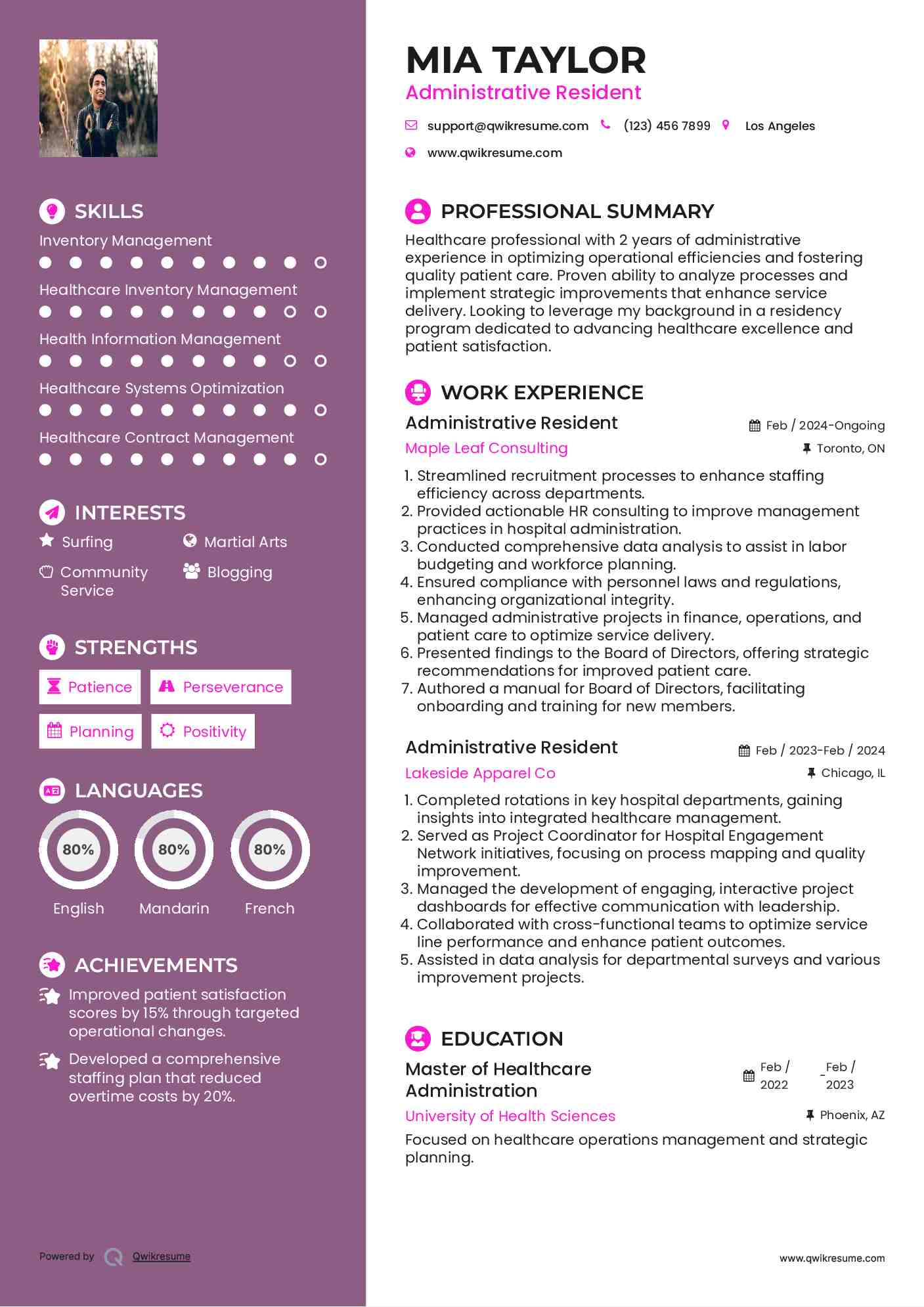 Administrative Resident Resume Sample