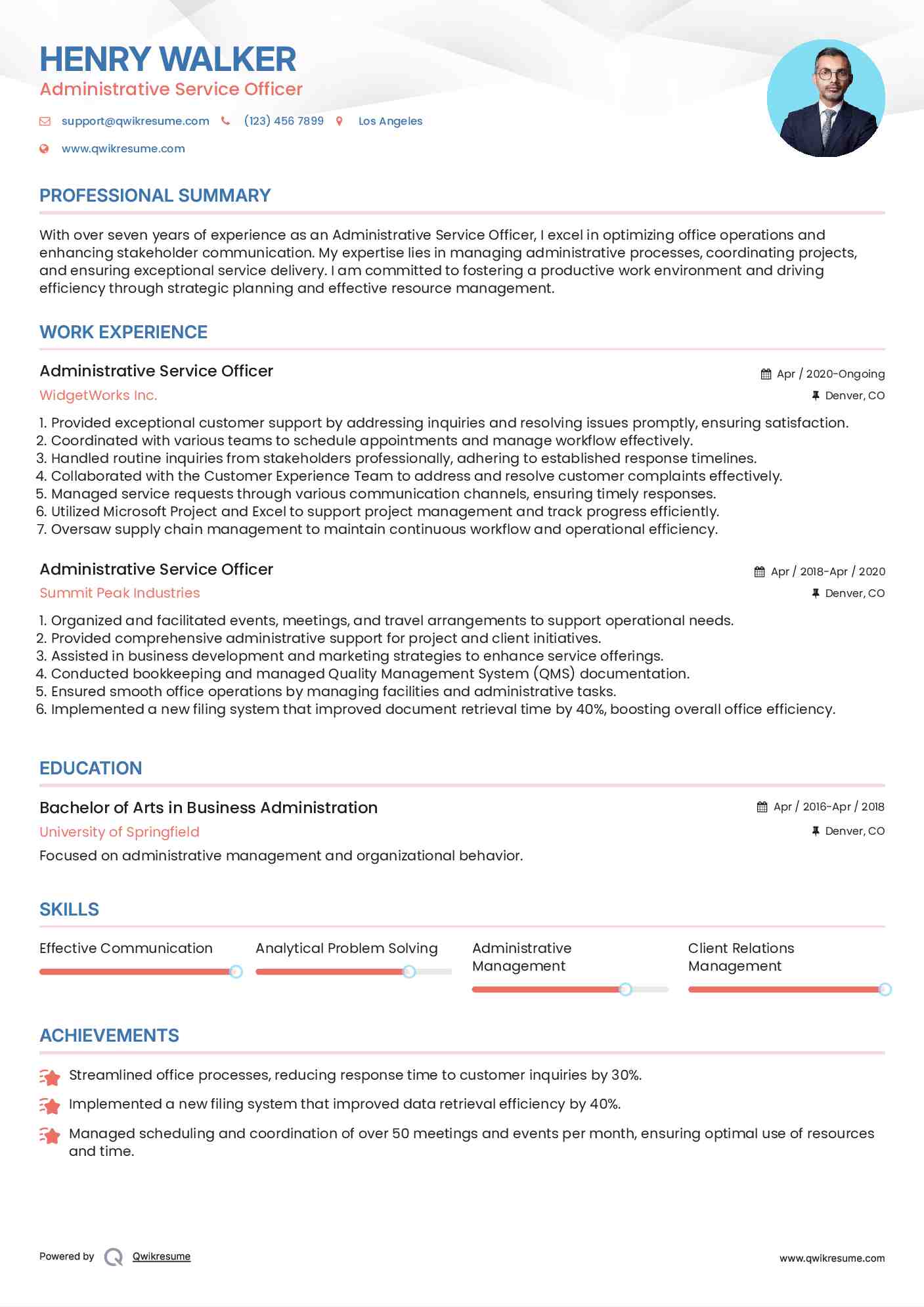 Administrative Service Officer Resume Model