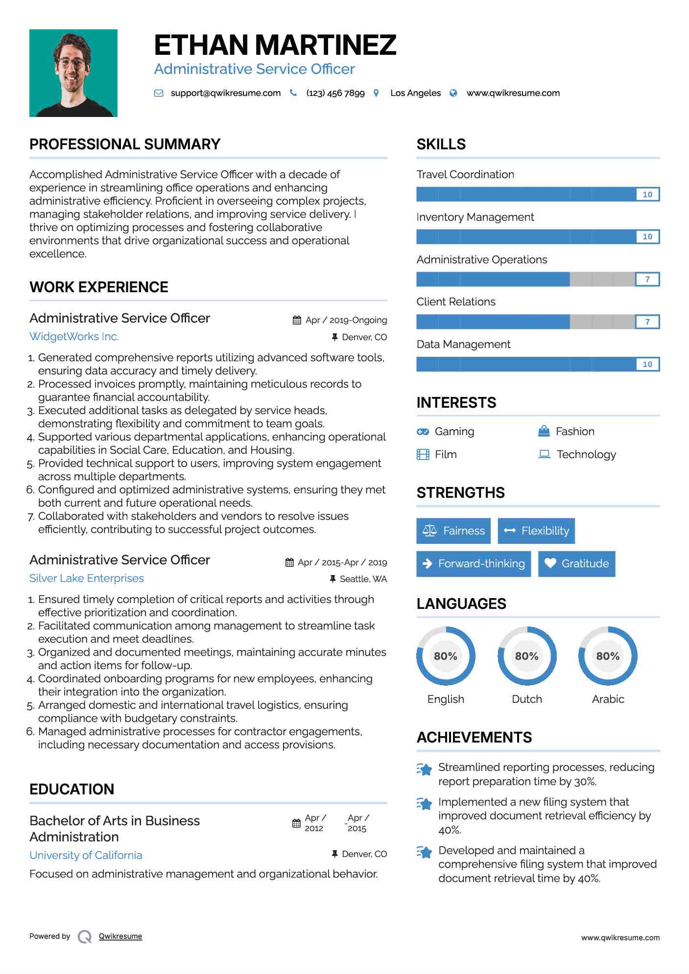 Administrative Service Officer Resume Sample