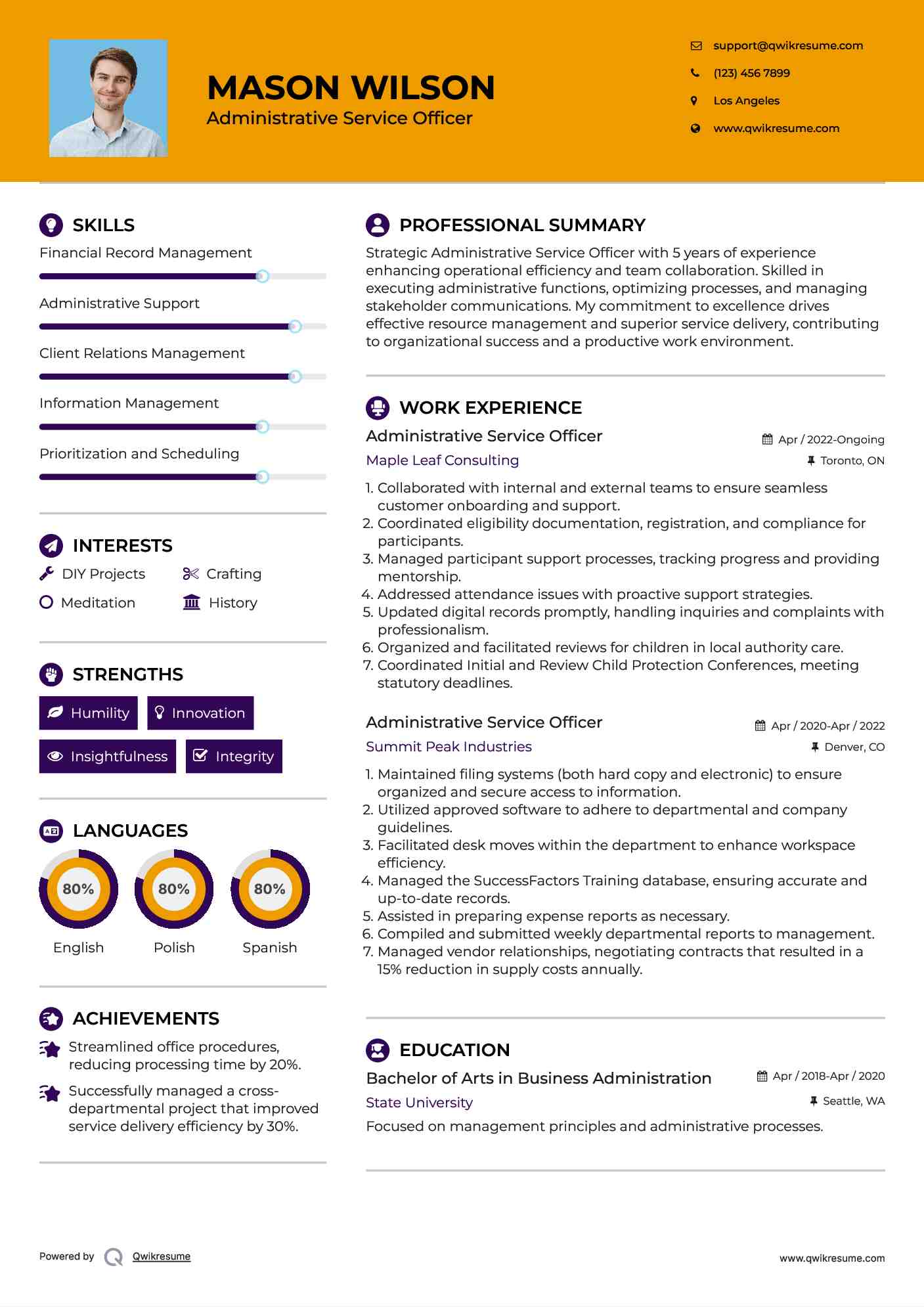 Administrative Service Officer Resume Model