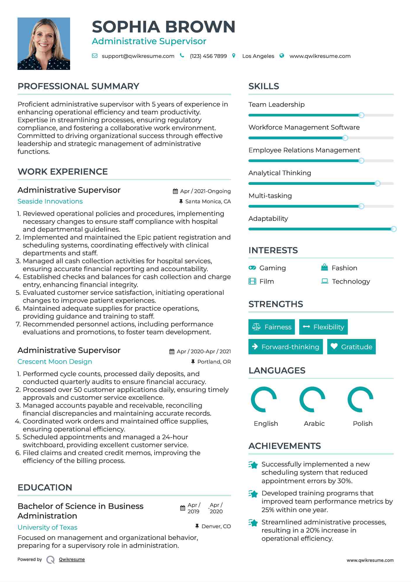 Administrative Supervisor Resume Template