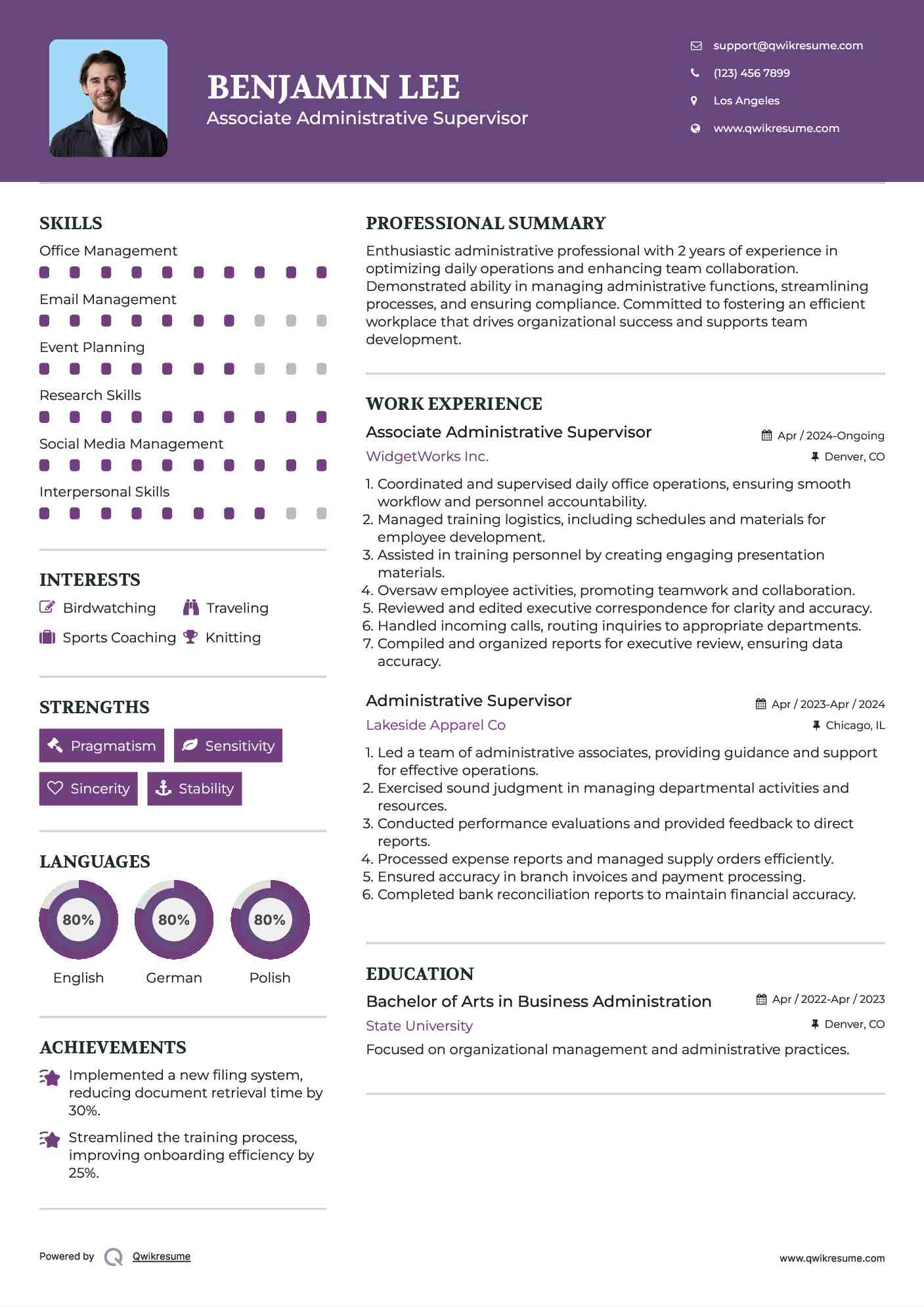 Associate Administrative Supervisor Resume Sample