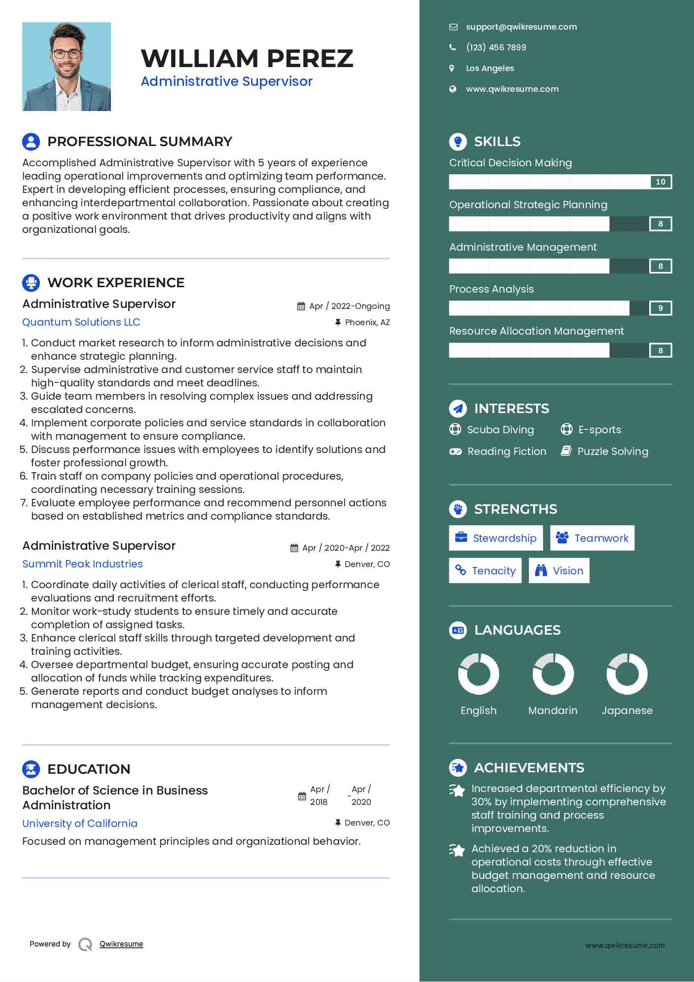 Administrative Supervisor Resume Example
