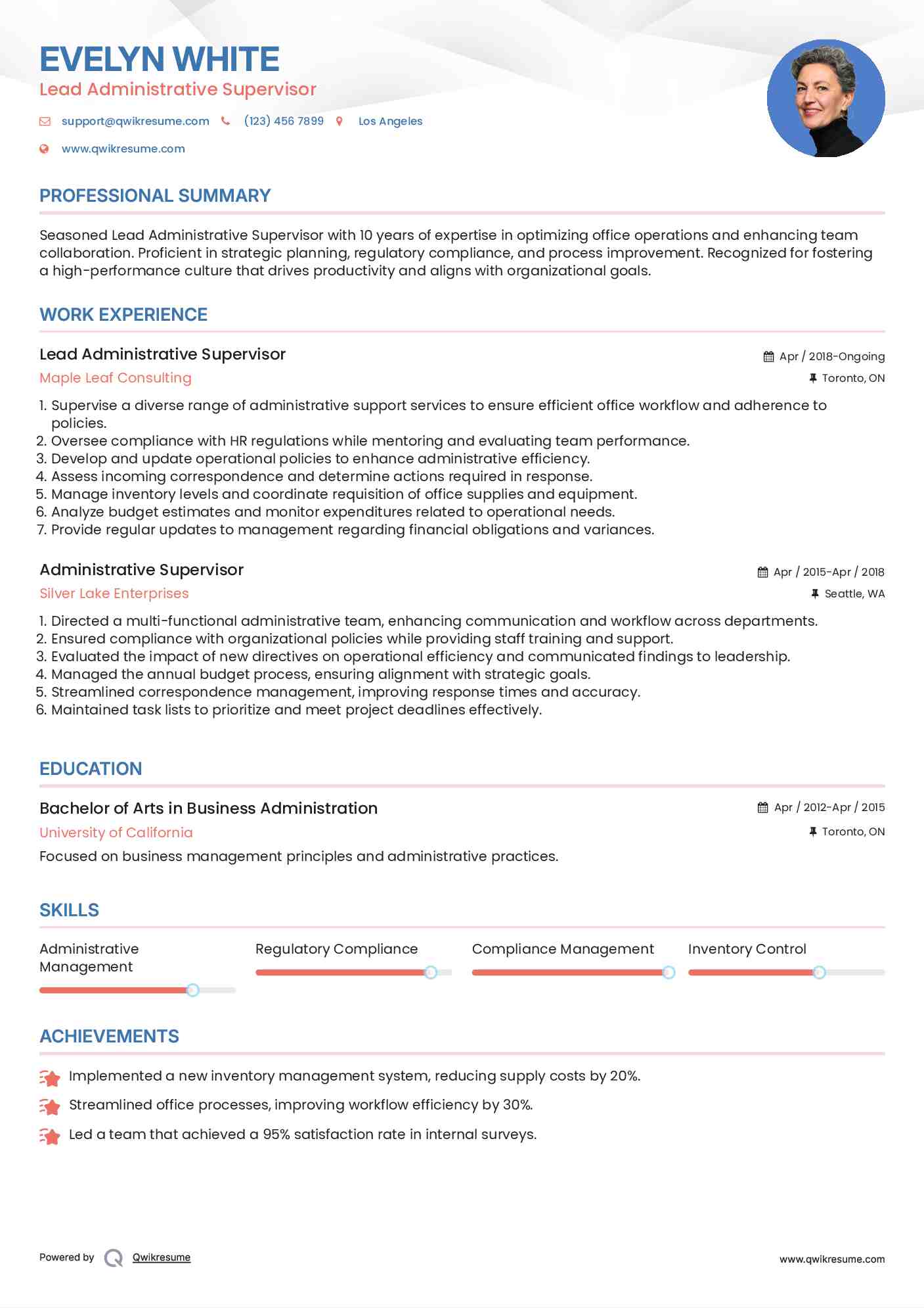 Lead Administrative Supervisor Resume Model