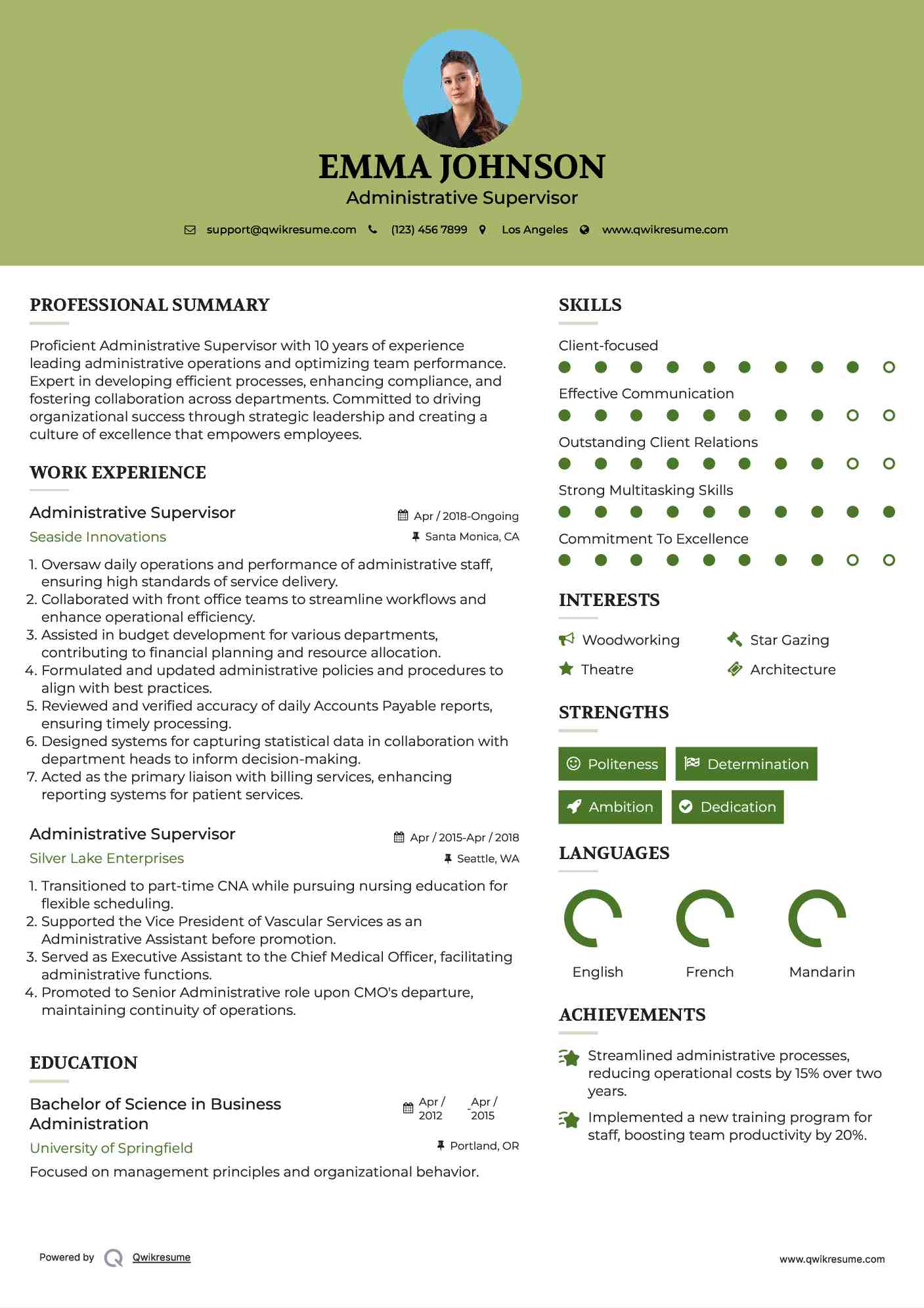 Administrative Supervisor Resume Format