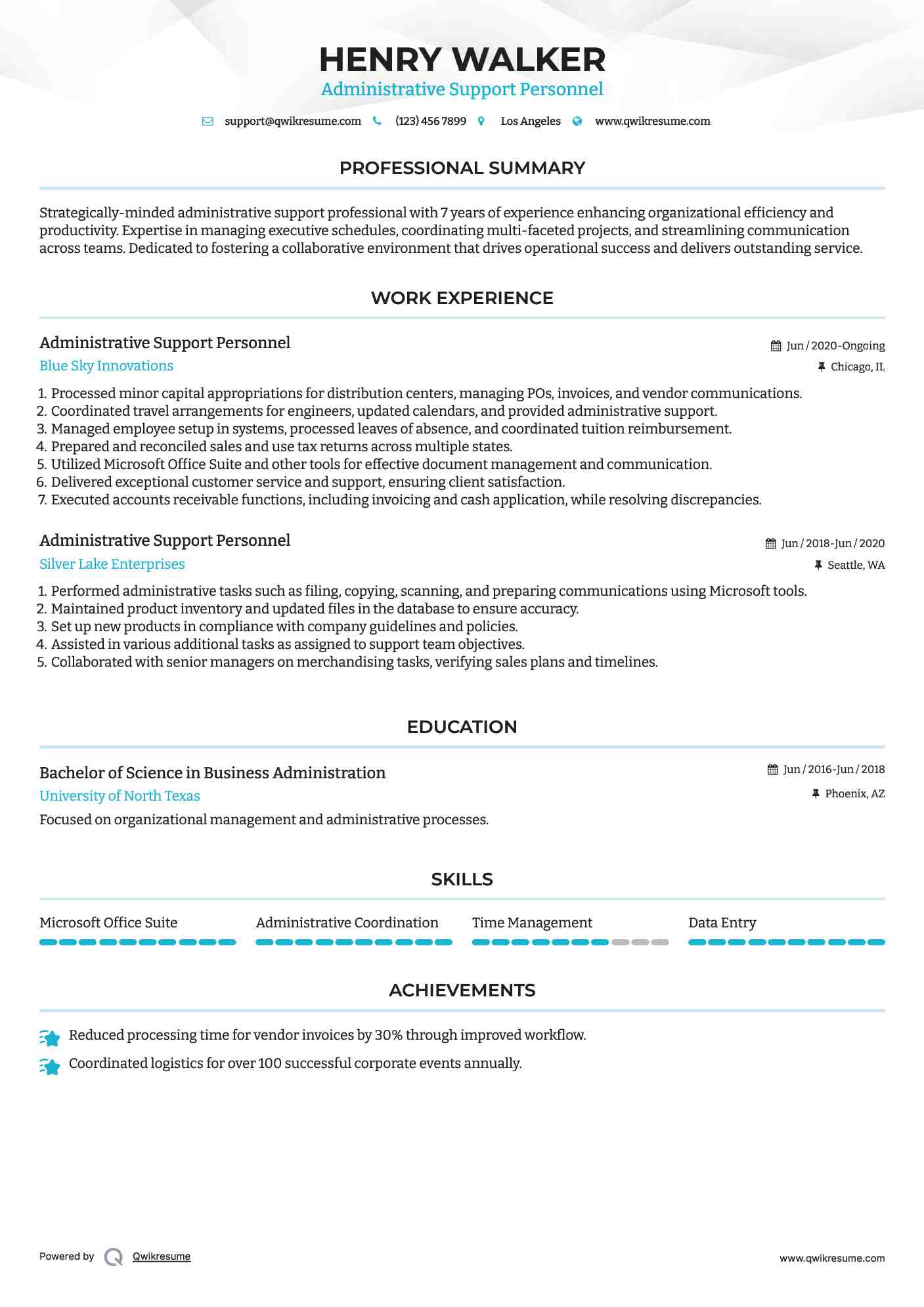 Administrative Support Personnel Resume Model