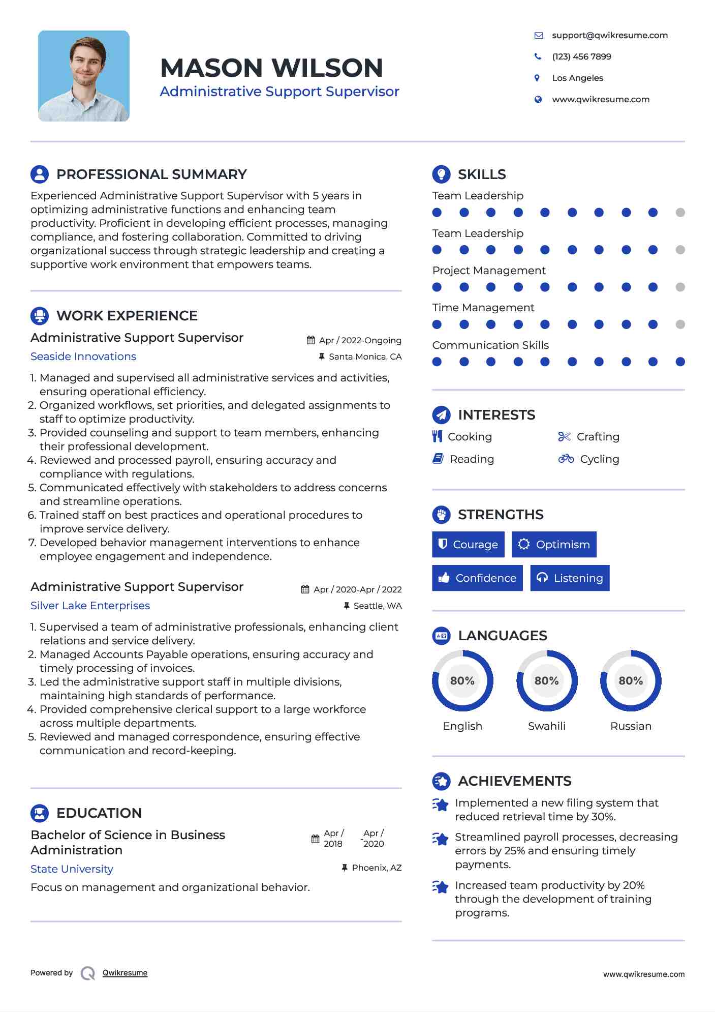 Administrative Support Supervisor Resume Template