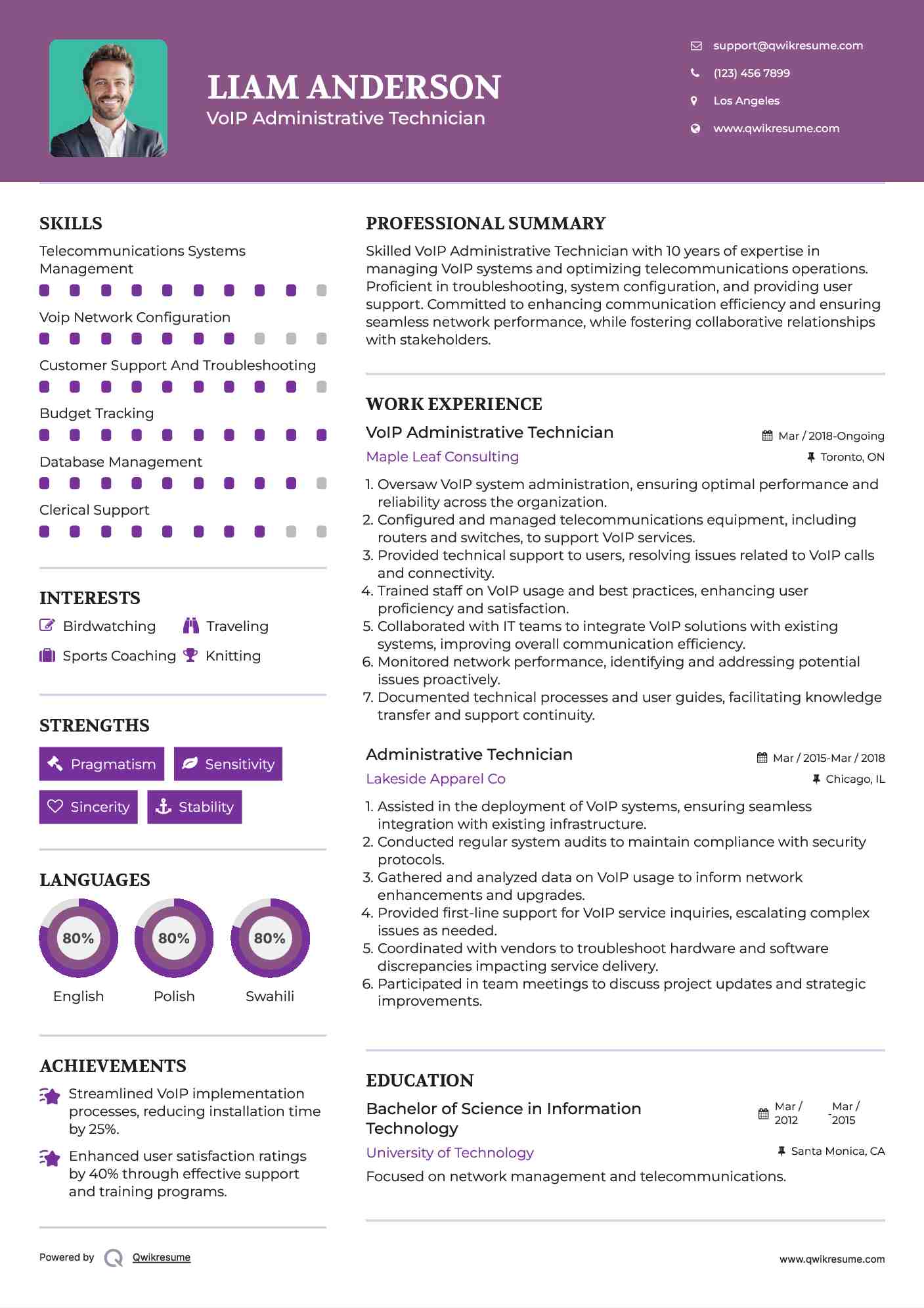 VoIP Administrative Technician
 Resume Sample