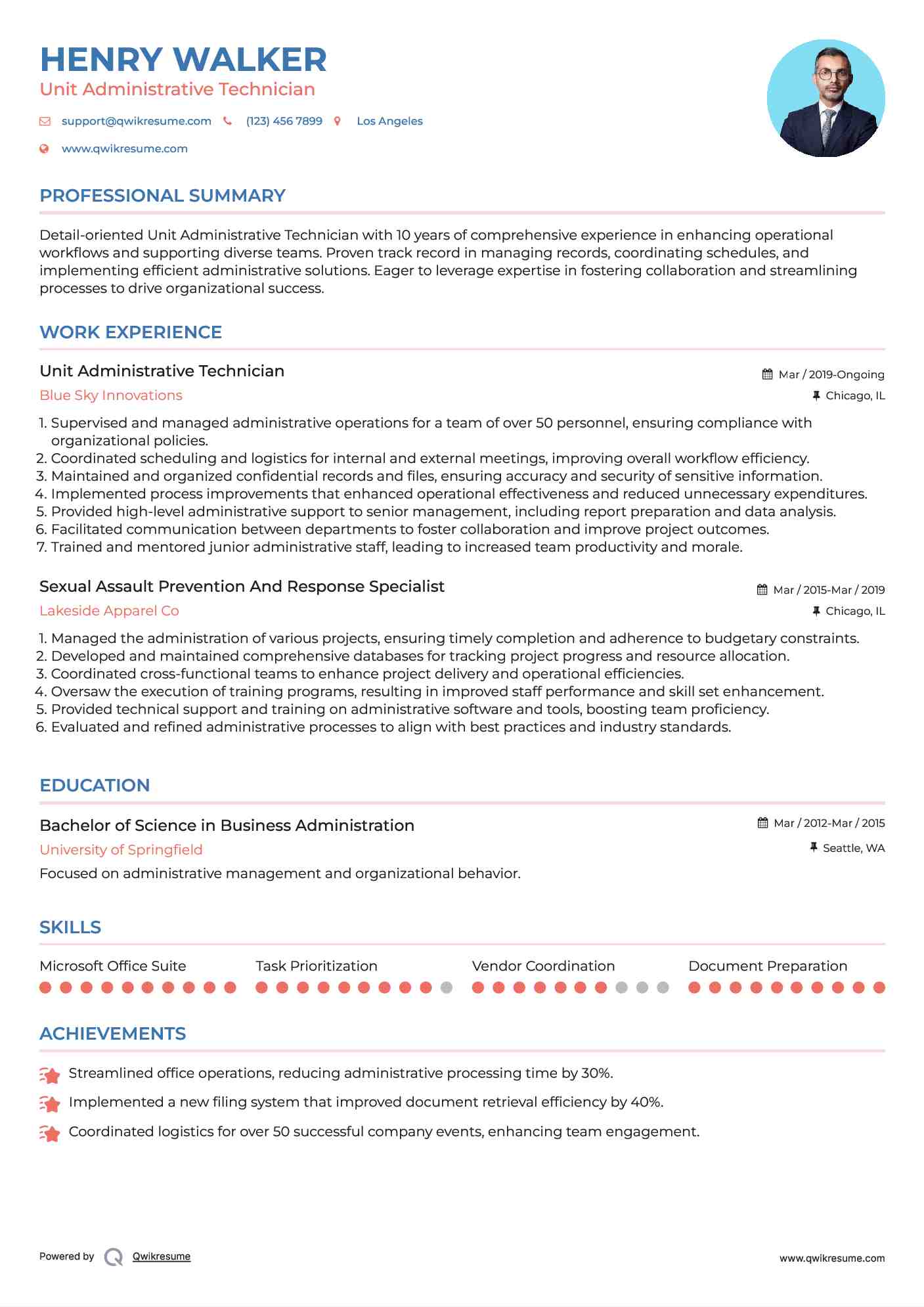 Unit Administrative Technician
 Resume Sample
