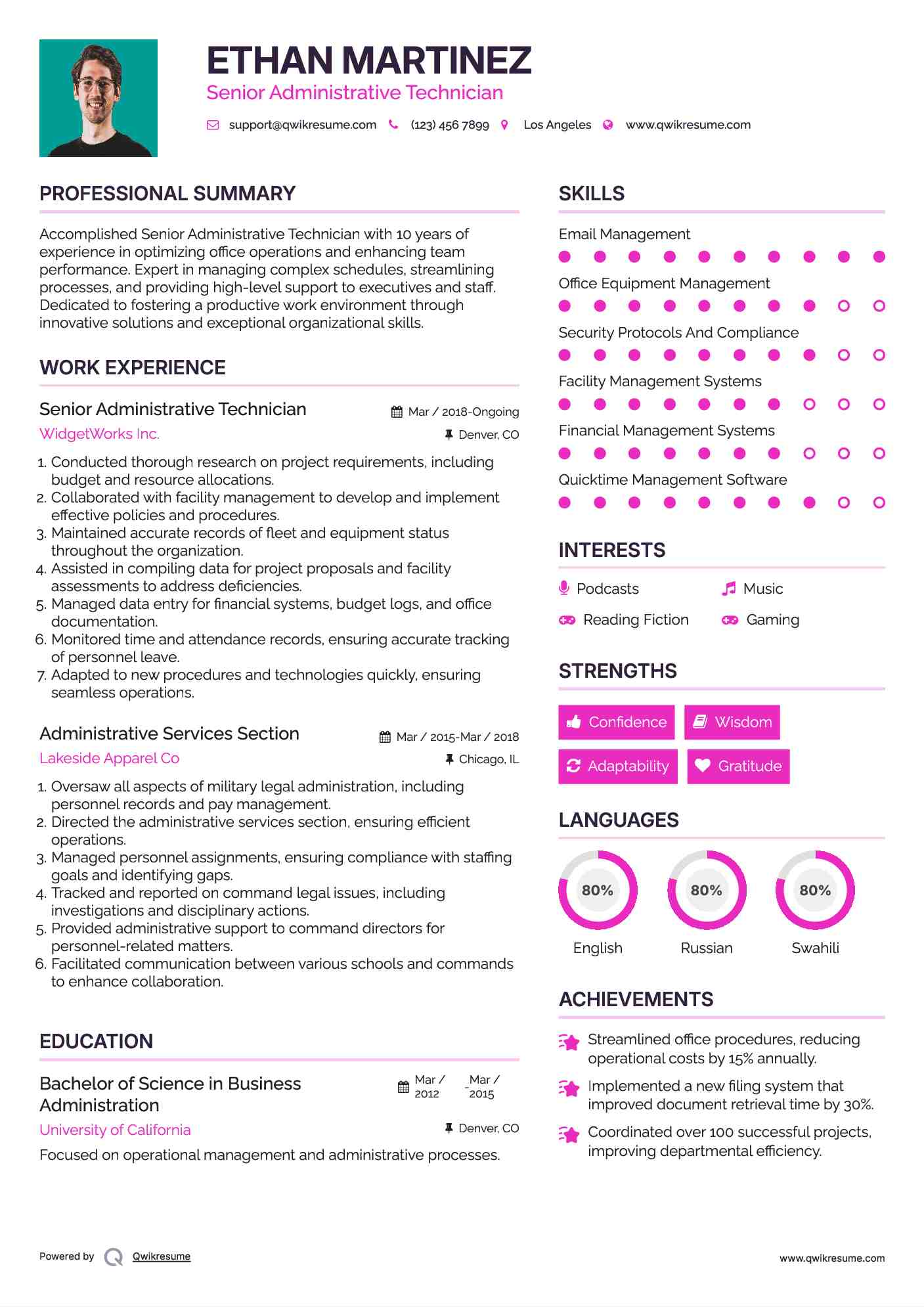 Senior Administrative Technician Resume Model