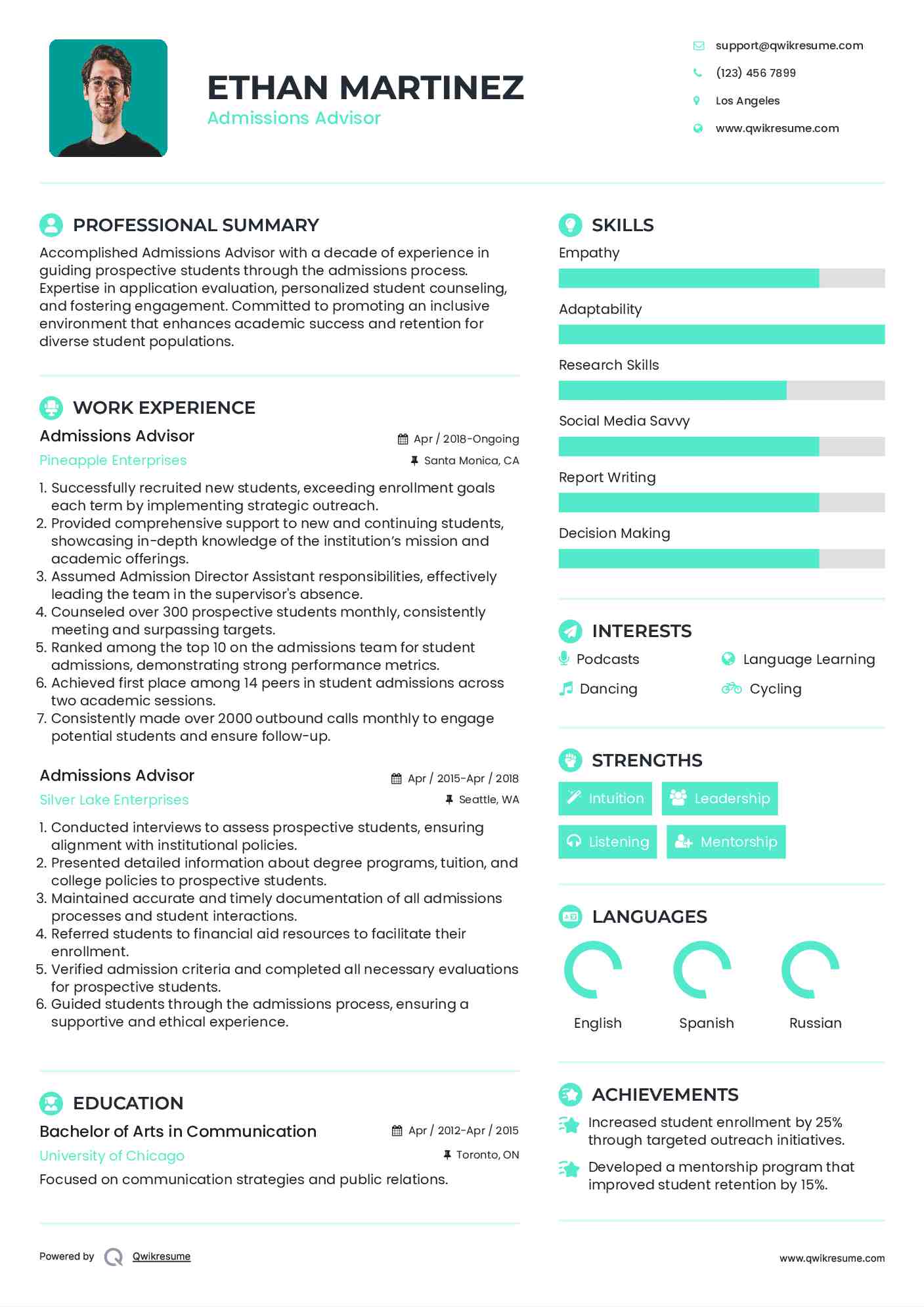 Admissions Advisor Resume Example