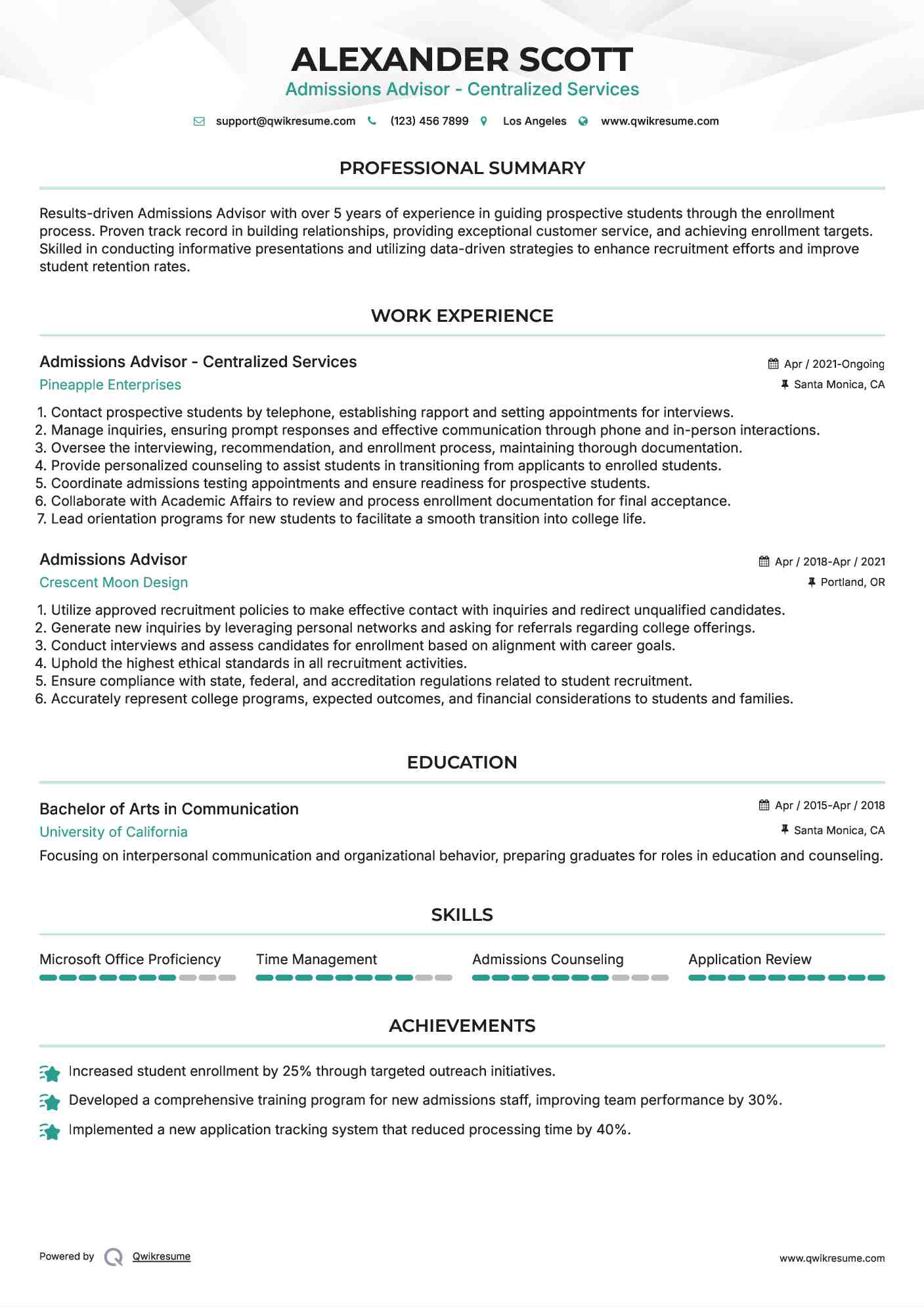 Admissions Advisor - Centralized Services Resume Format