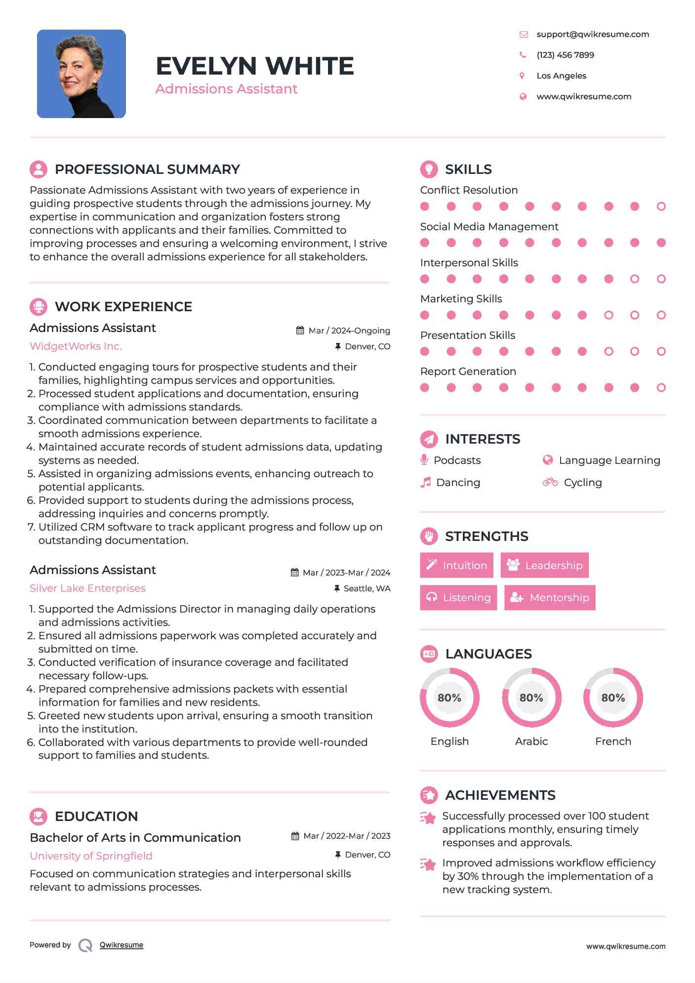 Admissions Assistant Resume Model