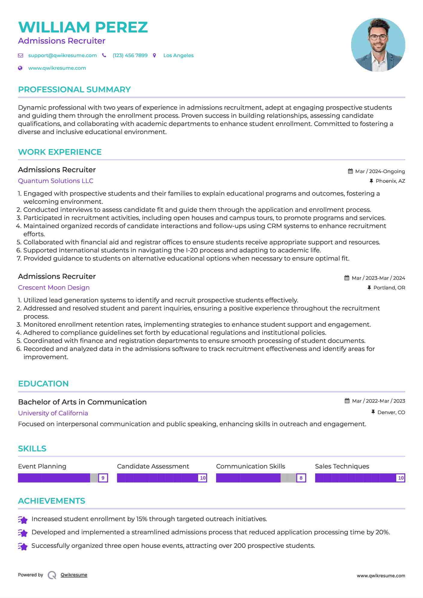 Admissions Recruiter Resume Format