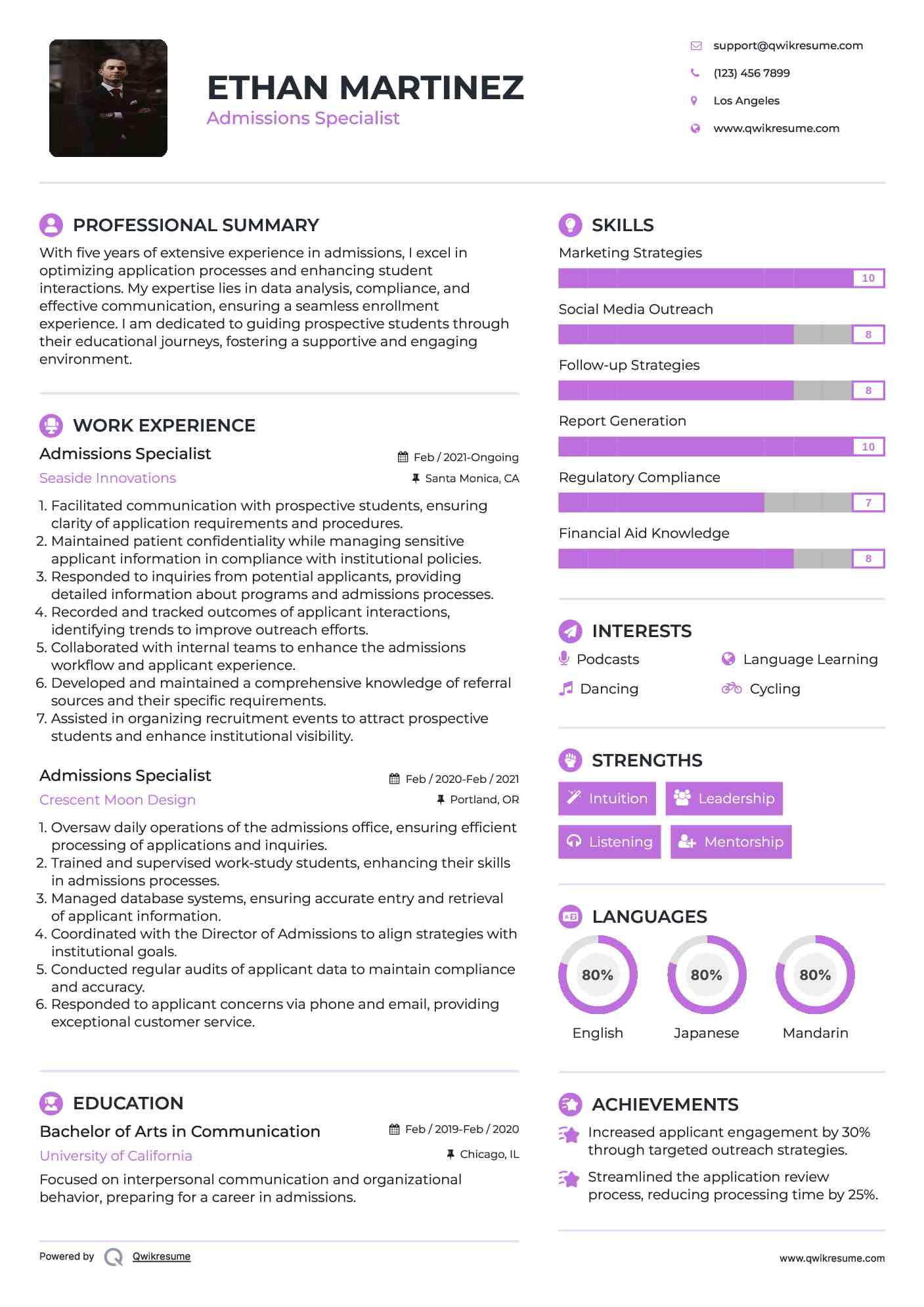 Admissions Specialist Resume Sample