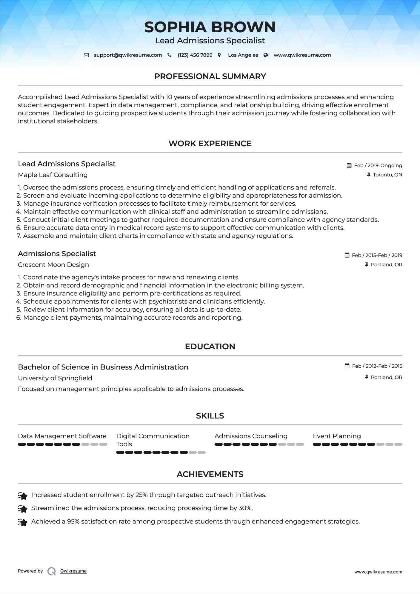 Lead Admissions Specialist Resume Sample