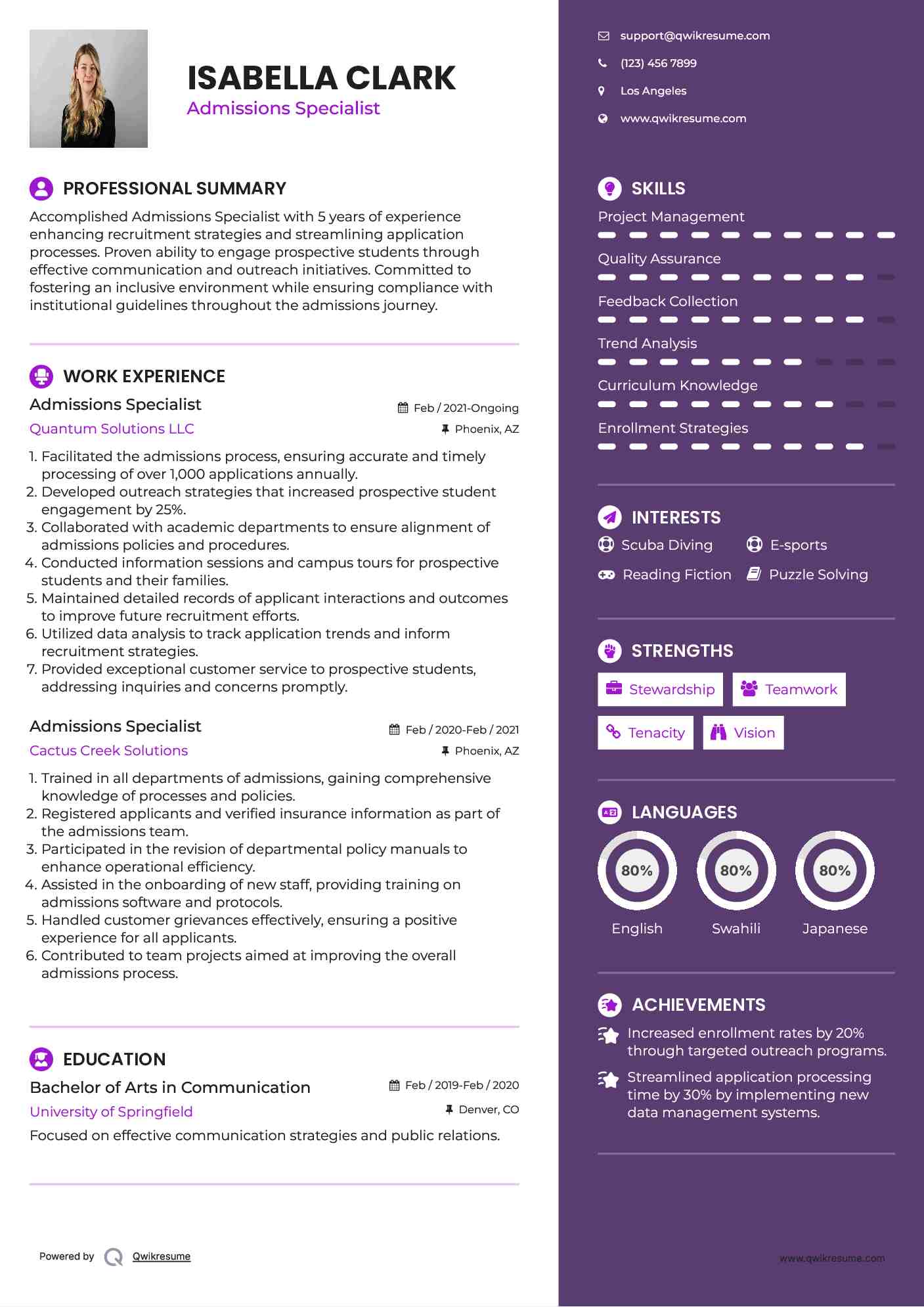 Admissions Specialist Resume Sample