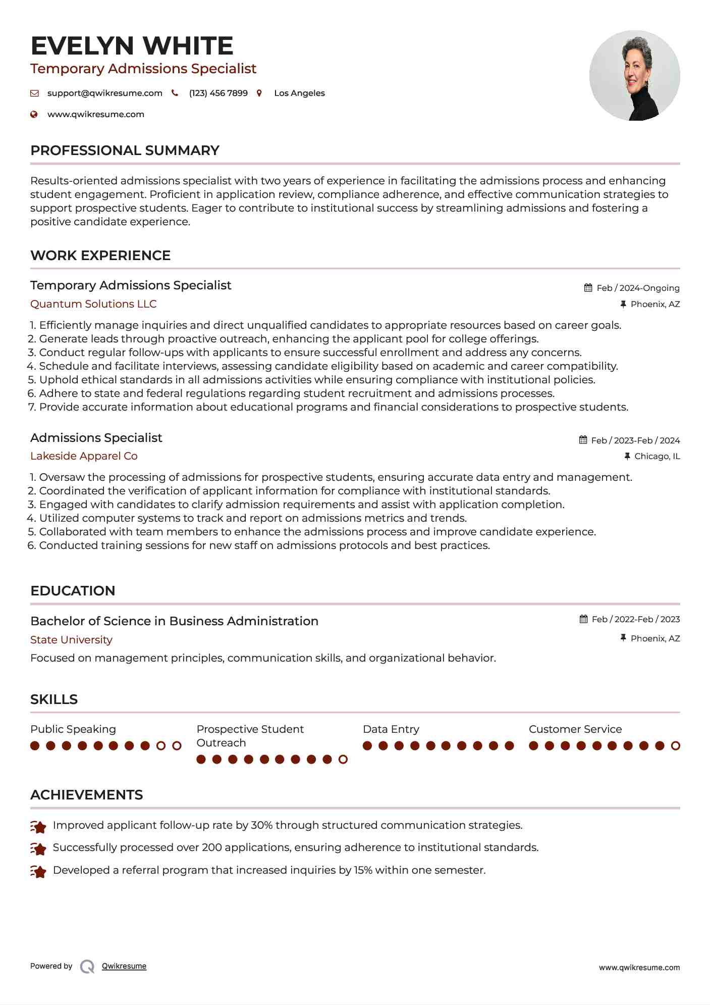 Temporary Admissions Specialist Resume Model