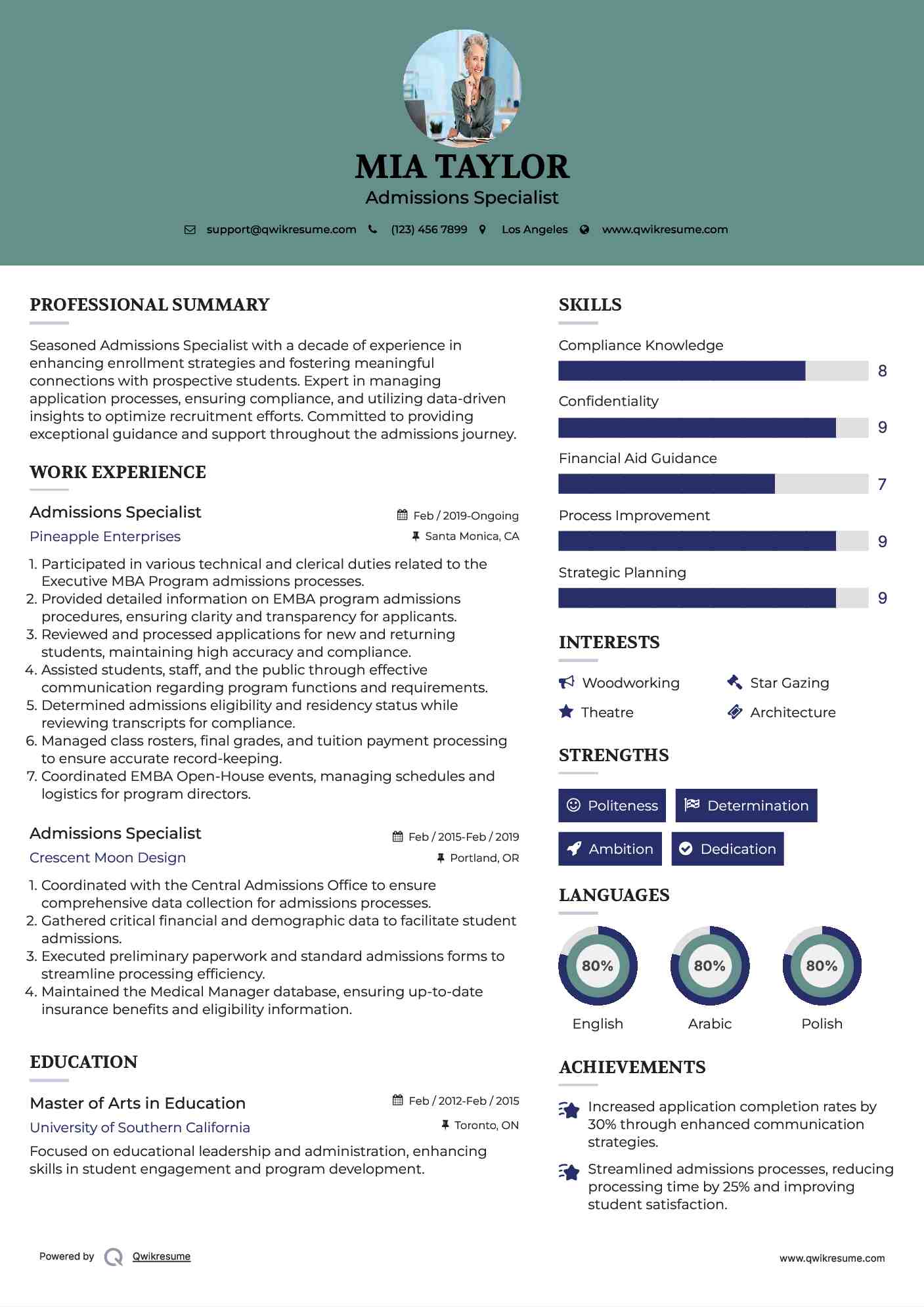 Admissions Specialist Resume Format